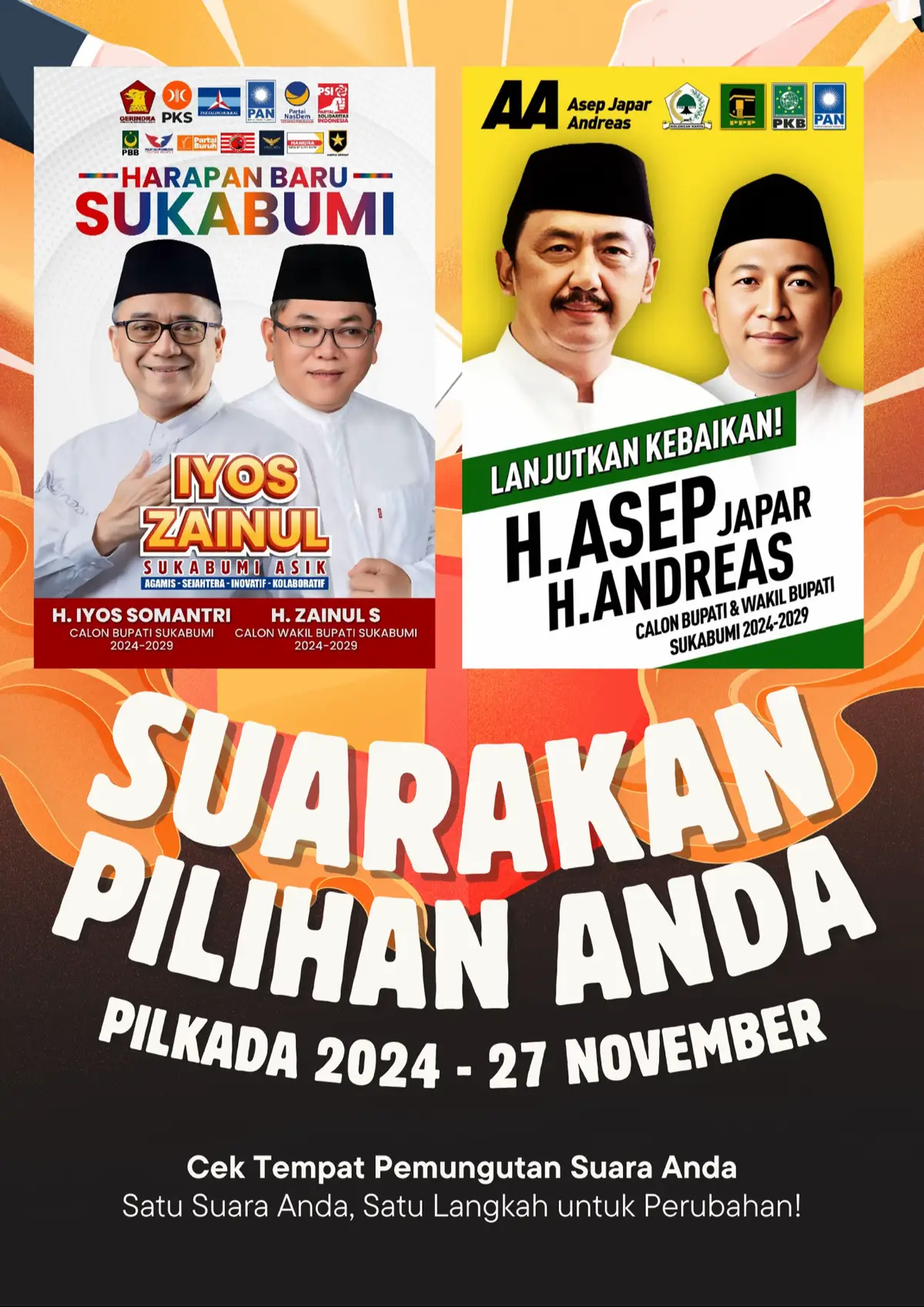 Ayo memilih Tanggal 27 November 2024 di Pemilihan Bupati dan Wakil Bupati Sukabumi Tahun 2024. Jangan sampai salah memilih