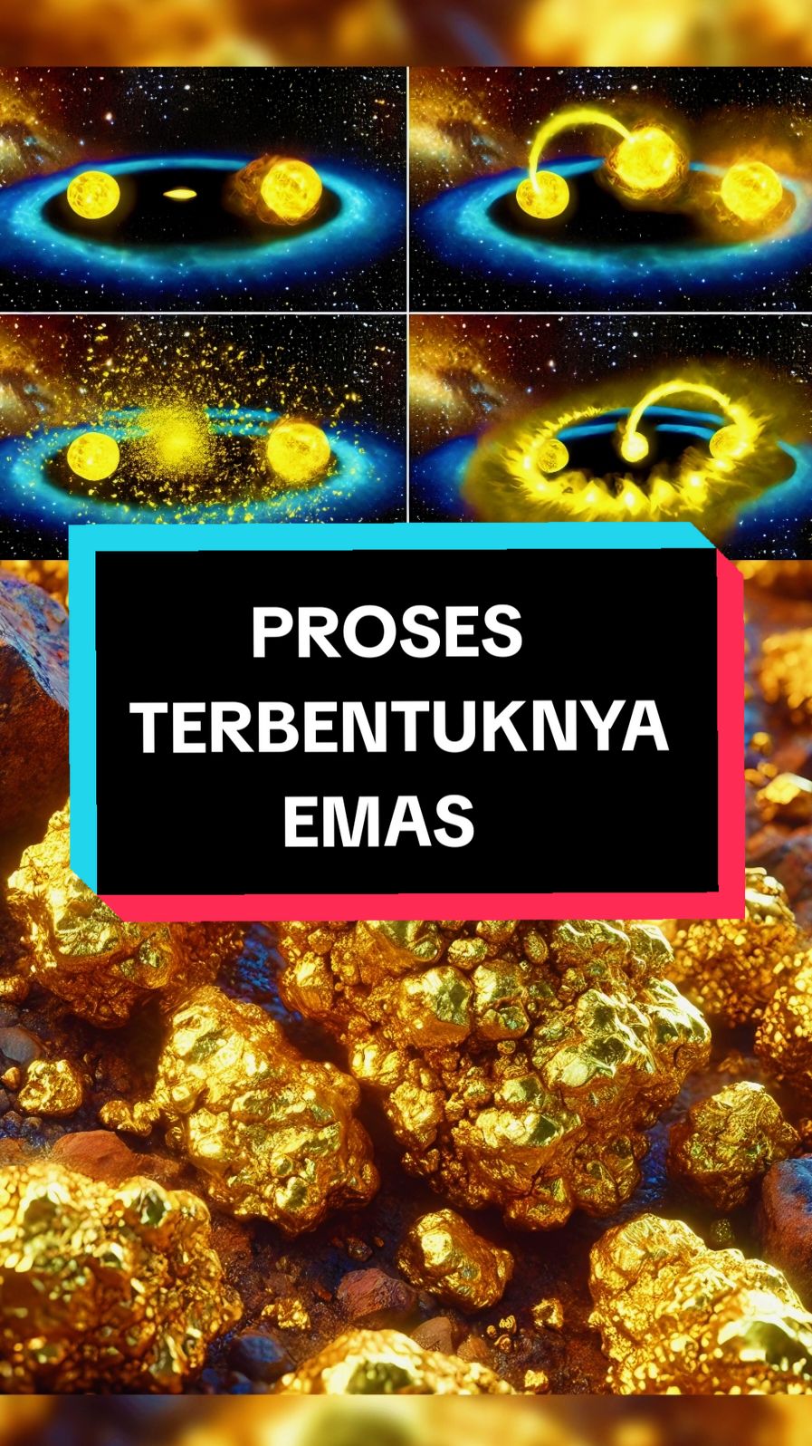 Emas terbentuk di luar angkasa melalui peristiwa astronomis yang sangat ekstrem, seperti tabrakan bintang neutron atau supernova. Prosesnya begini: 1. Tabrakan Bintang Neutron Ketika dua bintang neutron bertabrakan, energi dan tekanan yang dihasilkan sangat besar. Di saat itulah elemen berat seperti emas (dan logam berat lainnya seperti platinum) terbentuk melalui proses r-process (proses tangkapan neutron cepat). Ini adalah reaksi nuklir yang menciptakan inti-inti atom berat. 2. Supernova Ketika sebuah bintang besar kehabisan bahan bakarnya, ia akan meledak menjadi supernova. Selama ledakan itu, suhu dan tekanan tinggi memungkinkan elemen-elemen berat terbentuk, termasuk emas. Setelah emas terbentuk, debu-debu dan material ini menyebar ke angkasa, bergabung dengan gas dan debu antarbintang. Ketika tata surya kita terbentuk miliaran tahun lalu, partikel emas ini akhirnya terkumpul di planet-planet, termasuk Bumi. Jadi, emas yang ada di Bumi adalah 