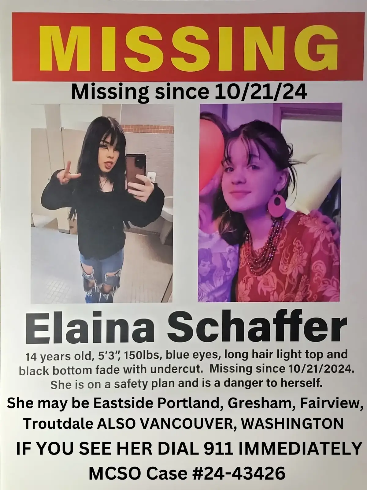 STILL MISSING 35 DAYS  If seen please dial 911 immediately  MCSO Case #24-43426 She may be in East Portland, Gresham, Fairview, Troutdale areas in Oregon ALSO Vancouver, Washington areas.  The last confirmed sighting was in Wood Village on 10/25 about 4:30pm confirmed with street cameras. Their pictures is attached to the case and are searching for all of them. All other sightings have been confirmed not to be her. Please keep your eyes open and call police right away if you think you see her.  #MissingChild #missingperson #Oregon #Washington #parents #truecrime #report #news #MomsofTikTok 