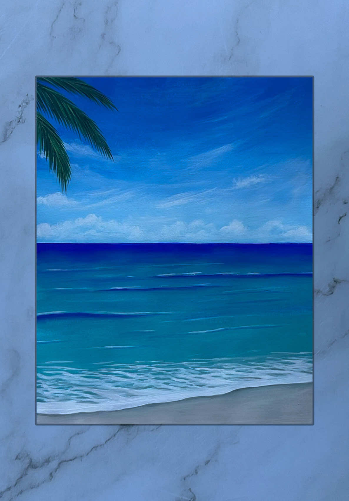 beachside painting 🌴🩵🌊 • i finally finished this painting for this other frame that i had! now it’s day and night 🖤 • thank you so much for 14M likes 🥹 new canvas painting will be uploaded on wednesday :)  • 🎨: bright blue, pale blue, peacock blue, ocean breeze, golden brown, grey, white, green, apple tart • #art #painting #seascape #arttok #fypシ 