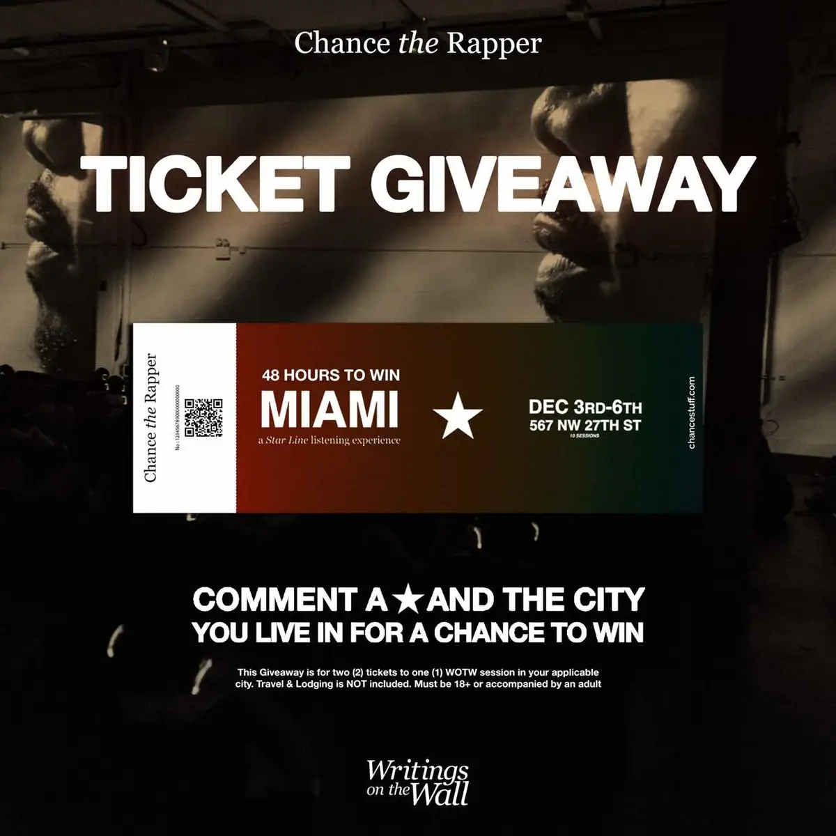 Comment a ⭐️ and the city you live in on the post for a chance to win!  TICKETS - https://events.eventnoire.com/e/writings-on-the-wall-miami #chancetherapper #Miami #Art #Music #florida 