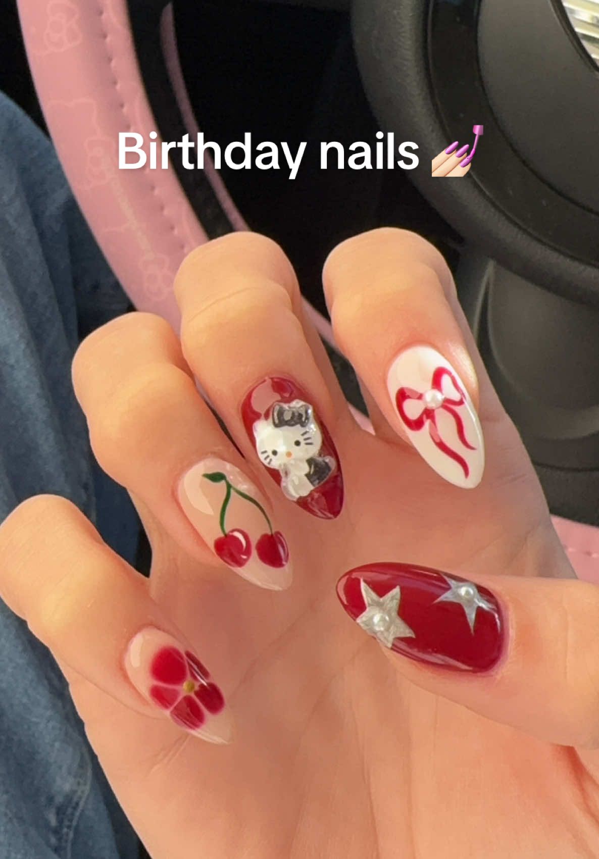 When its your birthday set, you tell her to throw every design possible on there 🤣 hello kitty was a must tho #nailart #nailtransition #nails 