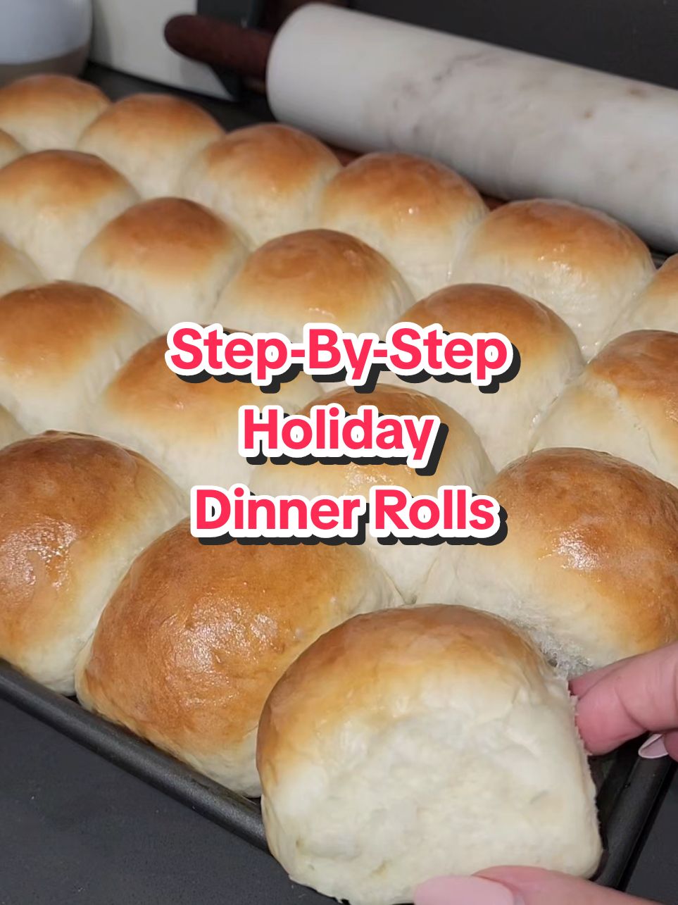 Step-By-Step Holiday Dinner Rolls • This recipe makes 12 rolls. In my video, I doubled the recipe and made 24. • Ingredients: 1/2 cup warm water 1 tbsp rapid-rise yeast (I used the bread machine type even though I didn't use one) 3 tbsp sugar (1 tbsp will be mixed into the yeast and water) 1 cup whole milk 1/4 cup unsalted butter - melted 4 cups flour 1 tsp salt • Directions: 1. Mix the warm water, yeast, and 1 tbsp sugar. Set aside for 5-10 minutes while the yeast activates. 2. Warm milk and melt butter. Add melted butter to warmed milk and mix together. 3. Add the remaining sugar (2 tbsp) to the milk and butter and whisk together until sugar is dissolved. 4. Pour milk mixture into the bowl with the yeast. 5. Add half of your flour to the bowl. 6. Using your KitchenAid Mixer and dough hook attachment, mix on speed 2 for about 1 minute. 7. Add salt and remaining flour. Mix dough on speed 2 for about 1-2 more minutes. 8. Preheat oven to 200°F. When preheated turn off oven and place your bowl of dough with a towel over it into the oven. Leave the oven door slightly ajar. Rise for 30 minutes. 9. After the dough rises, divide into two equal parts. Each half will then be divided into 6 parts. This will give you 12 rolls.  *to ensure your rolls come out the same size, use a kitchen scale to keep them as close in weight as possible* 10. Place rolls on a sheet pan with a small amount of space between each one. Cover with a towel and place back in the oven to rise another 20-30 minutes. When they've doubled in size, remove from oven. 11. Preheat oven to 375°F 12. Bake the dinner rolls in the oven for 20-25 minutes. Mine cooked for 23 minutes. Remove when tops are golden brown. 13. Brush with butter and a sprinkle of salt. 14. Serve and enjoy! *can be frozen for 3-6 months* #Thanksgiving #Recipe #Rolls #Baking #Bread #SideDish 