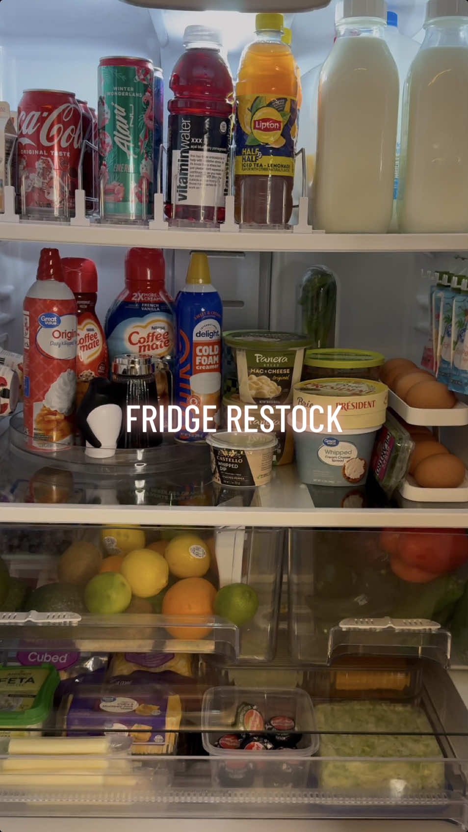 Fridge restock w/ amazon organizers! Link in my bio 🔗 #fridgerestock #fridgeorganization #fridge #fridgegoals #fridgecheck #grocery #groceryhaul #groceryrestock #groceryrestockasmr #cocacola #alani #vitaminwater #liptonicedtea #organizewithme #organizedhome #organized 