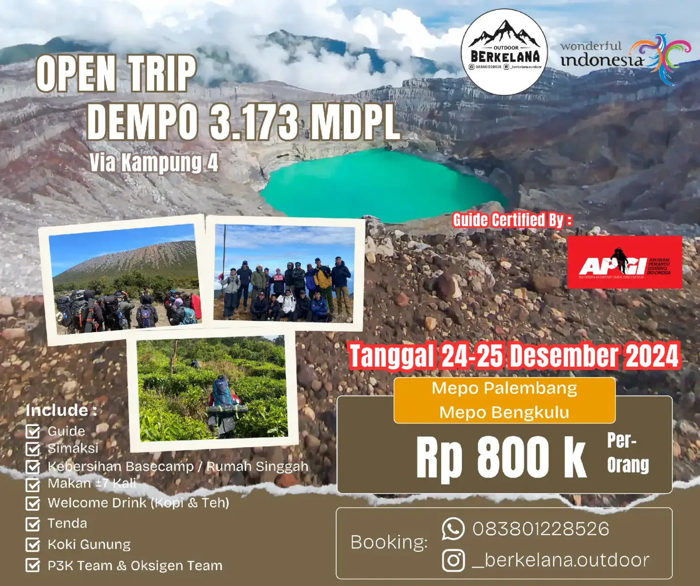 Bismillahirahmanirahim Assalamualaikum wr.wb Open Trip Gunung Dempo 🔍Berikut detail penjelasan serta cara pendaftaran nya : ▪️Mepo Palembang IDR 800 Ribu/orang ▪️Satu orang juga bisa ikut ▪️Maximal 20 peserta ▪️Minimal 15 peserta ▪️Batas akhir pendaftaran 17 Desember 2024 ▪️Keberangkatan senin 23 Desember 2024 (Pukul 07.30 WIB) tiba Palembang lagi Kamis 26 Desember 2024 jam 4 pagi ▪️Untuk luar kota Palembang titik kumpul bisa menyesuaikan, Route : Palembang, Indralaya, Prabumulih, Muaraenim, Lahat ▪️Jika quota sudah penuh maka otomatis pendaftaran akan ditutup Include : ▪️Logistik ▪️Alat masak ▪️Guide ▪️Koki gunung ▪️Buah-buahan  ▪️HT Team ▪️Sajadah dan alasnya untuk sholat ▪️First Aid Kit (P3K & Oksigen) ▪️Simaksi (tiket pendakian) ▪️Kebersihan Basecamp ▪️Tenda ( laki-laki / Perempuan terpisah) Max 4 orang ▪️Welcome drink ( kopi, teh dan susu) ▪️Porter team ▪️Transportasi PP Palembang - Pagaralam ( Bus AC) ▪️Makan selama trekking pendakian dan di Pagaralam ± 7 X ▪️Pagaralam - titik awal pendakian- basecamp kampung 4 ( Truck/pickup) Exclude : ❌ Pengeluaran pribadi ❌ Perlengkapan pribadi ❌ Surat Sehat Catatan 📝 : 1. Peserta cukup membawa alat pribadi saja dari rumah untuk selama pendakian (Cerier 40 L cukup) 2. Makan selama pendakian sudah di siapkan oleh panitia 3. Harus boking dari jauh hari antisipasi kehabisan quota  4. Pelunasan maximal H-5 sebelum keberangkatan 5. Jika tidak ada perlengkapan bisa sewa dikita harga terjangkau 6. Peserta harus membawa surat sehat Cara Pendaftaran : 1. Membayar DP sebesar 150 Ribu 2. Jika melakukan pembatalan  DP hangus atau mencari pengganti 3. Biaya diatas adalah minimal untuk 15 orang jika kurang biaya menyesuaikan kembali 4. Transfer ke No Rekening 15209020345 (Sumsel Babel) A.n Muflihun / Via dana (083801228526) [ jangan lupa konfirmasi setelah transfer ] 5. Setelah melakukan dp akan di masukan grupWA ☎️ Booking Now : Wa : 083801228526 Ig : @_berkelana.outdoor - #opentrip #opentripmurah #opentripgunung #gunungdempo3159mdpl #dempo #dempo3159mdpl #dempomountain #pendakidempo #pendakiindonesia #pendaki #pendakigunungindonesia 