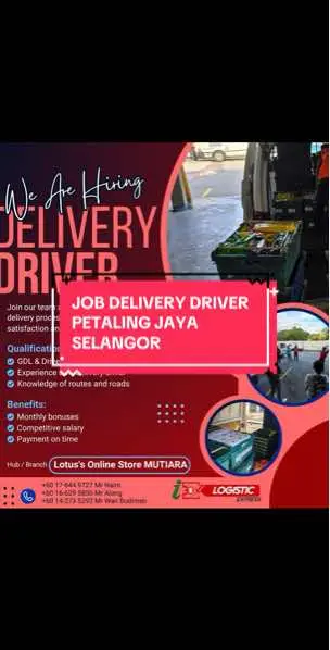 JOB VACANCY (SUBCON - DELIVERY) Delivery Courier - I Box Logistic Sdn Bhd Branch/Hub : Central Hub (LOTUS MUTIARA DAMANSARA) JOB - Driver (NV200 / GRANDMAX / HIACE / LUTON) - Independence Contractor - Experience in Logistic - Courier/Delivery - Must have GDL License for applying as Staff Driver. - Android User with NFC If Interested, Kindly DM us #fyp #foryoupage #jawatankosong #kerjakosong #courier #delivery #hiring #hiringpenghantaran #jobvacancy 