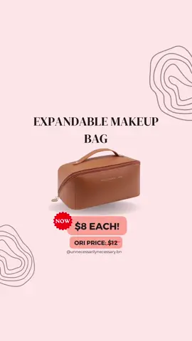 ✈🚨 Travel Essentials Promo! 🚨✈ Expandable Makeup Bag - INSTOCK $8 Each! (Original Price: $12) Travel with all your beauty essentials in style! This expandable makeup bag provides extra room for your cosmetics and accessories when needed. Colours Available: Brown, Pink, White, Black.   FREE DELIVERY NATIONWIDE for purchases of $30 and above from us! Message us at +673 8623969 to get yours now! ✉