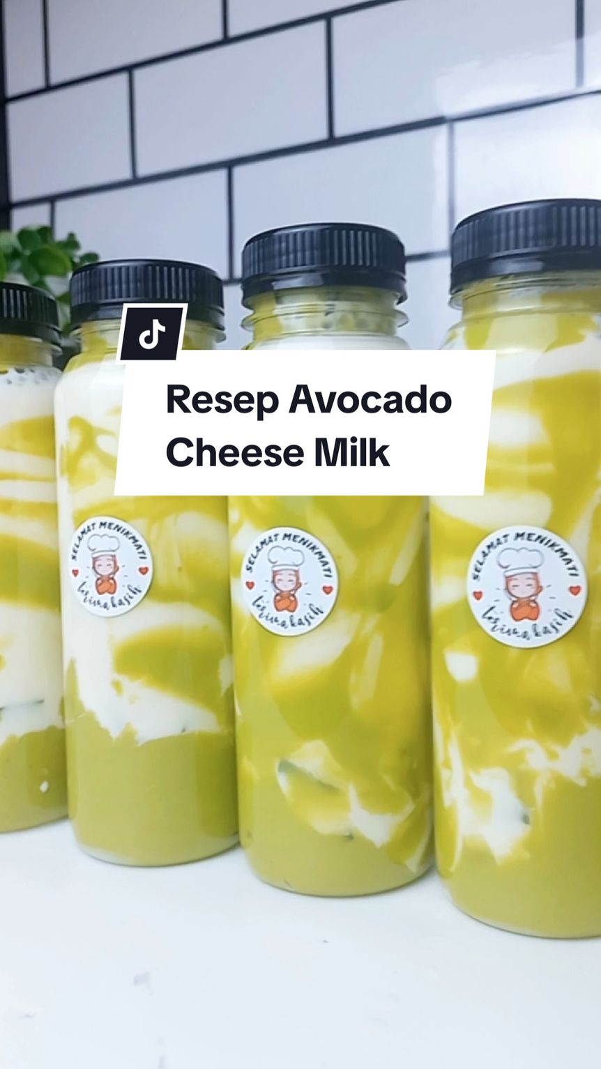 Resep Avocado Cheese milk : bahan - Bahan  - 1 Sachet Nutrijel Alpukat - 1 Buah Alpukat - 1 Sdm Biji selasih Chess milk: - 1L UHT - 1/2 blok keju Oles -  500g Susu Evaporasi - 250g SKM 1 resep ini jdi 10 Botol uk 250ml #CapCut 