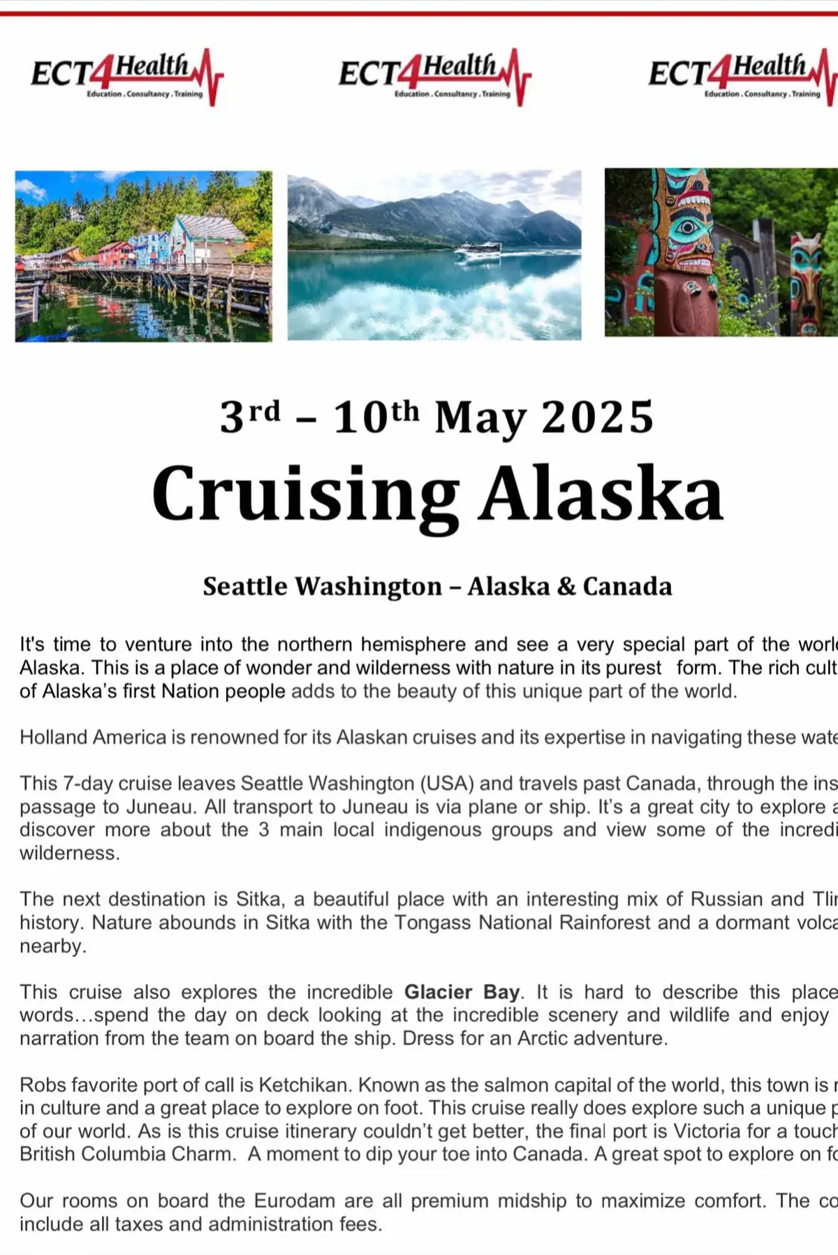 Our 2nd Nursing Cruise offering.  The theme of our conference is Diabetes, wound care and Sepsis.  Join Jo and Nurse Rob on this Alaskan cruise CPD vacation of a lifetime.   Seattle WA, Sitka, Ketchikan, Juneau (combined USA/Aussie nurse dinner ) , Glacier Bay, Victoria Vancouver Island BC.    Epic 7 nights on Eurodam.  #nursesoftiktok #nurseeducation #paramediceducation #cpdholidays #paramedicsoftiktok #ECT4Health 