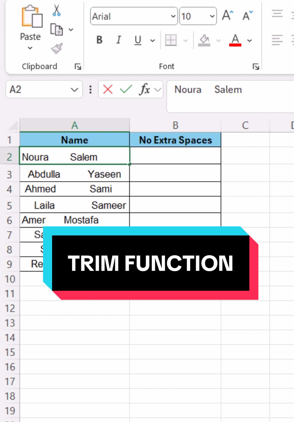 كيفية إزالة المسافات الزائدة من النصوص في الإكسل #excel #exceltips #exceltricks #microsoftexcel #spreadsheets #exceltraining #exceltutorial #اكسل