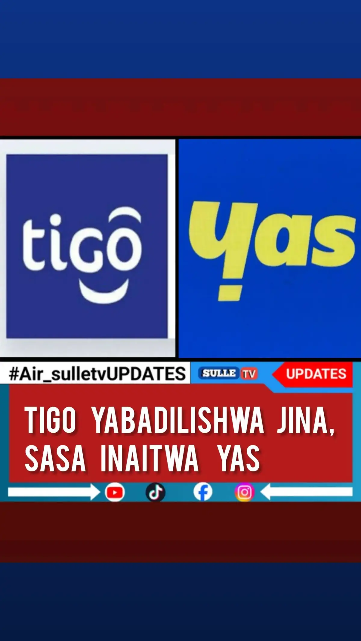 Kampuni ya Mawasiliano ya Tigo Tanzania (@tigo_tanzania) imebadilishwa jina na sasa itakuwa ikiitwa YAS kuanzia hii leo, mabadiliko haya yametangazwa mchana huu Jijini Dar es salaam katika hafla iliyohudhuriwa na Watu mbalimbali na kuongozwa na Waziri wa Habari, Mawasiliano na Teknolojia ya Habari Jerry Silaa, taarifa zaidi kukujia. #Air_sulletvUPDATES 