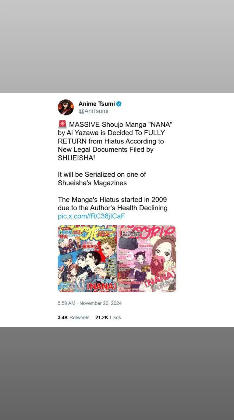 La comunidad de fanáticos del manga vivió un intenso debate en las últimas horas tras un rumor que encendió las redes sociales. El popular usuario AnimeTsumi, conocido por sus publicaciones sobre la industria del manga y el anime, afirmó que “Nana“, la icónica obra de Ai Yazawa, estaba en proceso de reanudar su serialización después de más de una década de pausa. En su publicación, AnimeTsumi escribió: «¡El popular manga shoujo Nana de Ai Yazawa DECIDIÓ REGRESAR POR COMPLETO del hiatus según nuevos documentos legales presentados por Shueisha! Se serializará en una de las revistas de Shueisha. El manga ha estado en pausa desde 2009 debido al deterioro de la salud de la autora». La noticia causó revuelo inmediato entre los seguidores del shoujo y del manga en general. Sin embargo, no tardó en ser desmentida por SUGOI Lite, uno de los filtradores más respetados y confiables de la industria, quien desacreditó rotundamente la afirmación, señalando que la información era errónea y carecía de fundamento sólido. En su refutación, SUGOI Lite explicó que el supuesto “documento legal” que originó el rumor era, en realidad, un trámite rutinario de renovación de derechos de marca registrada realizado por Shueisha en China en octubre de 2024. Según el filtrador, este tipo de registros es común en la industria para proteger propiedades intelectuales y no implica necesariamente la reactivación de un proyecto en pausa. «Este tipo de acción es completamente normal y no indica nada relacionado con el manga o con una posible adaptación de anime. Solo se trata de una renovación para extender la propiedad en el mercado y garantizar ingresos continuos a partir de la obra», aclaró SUGOI Lite. Además, advirtió a los fanáticos sobre no caer en rumores infundados y acusó a AnimeTsumi de buscar monetización con información falsa. Nana, publicado originalmente en la revista Cookie de Shueisha en el año 2000, se convirtió rápidamente en un fenómeno de la cultura pop gracias a su enfoque maduro y emocional sobre la amistad, el amor y los sueños en el contexto del mundo de la música. La serie sigue la historia de dos mujeres llamadas Nana, cuyos caminos se cruzan en Tokio, y su compleja relación a lo largo de los años. En 2009, la autora Ai Yazawa detuvo inesperadamente la serialización de la obra debido a problemas graves de salud, dejando la historia inconclusa. Desde entonces, el estado de la serie ha sido incierto, con Yazawa dedicándose a trabajos más pequeños y sin indicar de manera clara si retomará Nana en algún momento. A lo largo de los años, los fans han mantenido la esperanza de que Yazawa continúe con el manga, mientras que Nana sigue siendo recordado como uno de los títulos más influyentes del género shoujo. Las frecuentes renovaciones de derechos de autor y la publicación de material relacionado han alimentado especulaciones ocasionales, pero sin ninguna confirmación oficial. #otaku #otakus #manga #nana 