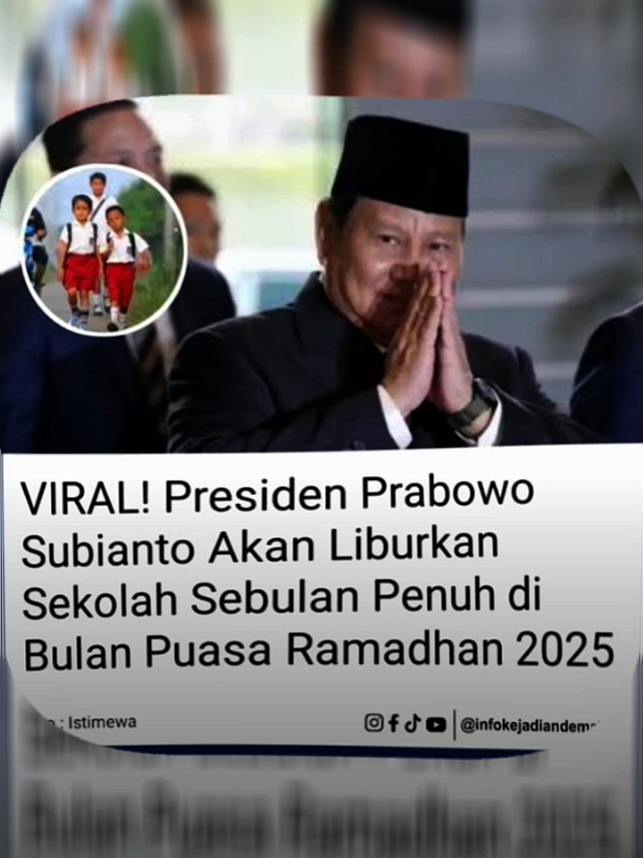 Presiden Prabowo berencana meliburkan kegiatan sekolah selama sebulan penuh pada bulan Ramadan 2025 untuk memberikan kesempatan kepada siswa, guru, dan keluarga Muslim di Indonesia fokus menjalankan ibadah puasa, memperdalam nilai-nilai keagamaan, serta mempererat hubungan keluarga. Kebijakan ini disebut sebagai bagian dari upaya menghormati tradisi keagamaan masyarakat Indonesia yang mayoritas Muslim. Selama masa libur ini, kegiatan pendidikan berbasis agama atau penguatan karakter tetap dianjurkan, baik melalui pesantren kilat, kegiatan sosial, maupun program keagamaan lainnya yang dikelola oleh komunitas lokal. Pemerintah juga dikabarkan akan memberikan panduan terkait penggantian jadwal pelajaran sehingga tidak mengganggu kalender akademik secara keseluruhan. Meski demikian, kebijakan ini menuai pro dan kontra. Sebagian masyarakat menyambut baik sebagai langkah positif, sementara yang lain khawatir dengan dampaknya terhadap efektivitas pembelajaran, terutama bagi siswa yang menghadapi ujian nasional atau kebutuhan akademik lainnya. Pemerintah diharapkan segera memberikan rincian resmi serta solusi untuk mengatasi tantangan yang mungkin muncul. #liburan #liburramadhan #2025 #fyp #indonesia 