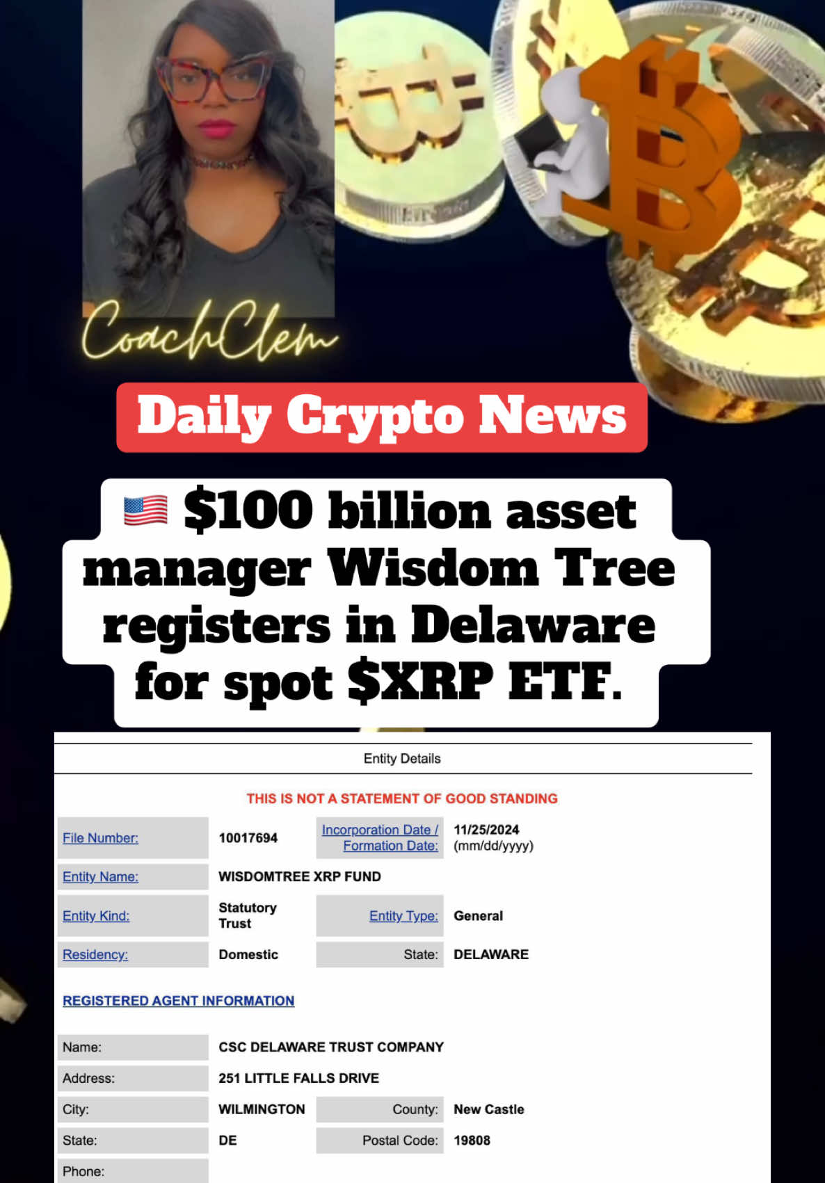 Daily Crypto News: 🇺🇸 $100 billion asset manager Wisdom Tree registers in Delaware for spot $XRP ETF. Xrp news today Xrp documentary on netflix xrp predictions 2025 xrp unleashed documentary xrp prophetic vision dream what will 5000 xrp be worth in 2024 elon musk on xrp xrp update prophetic #XRP #crypto #Cryptocurrency #Cryptok #CryptoTrading #Bitcoin #Ethereum #BTC #ETH #Ripple #TradeshipUniversity #Sol #RLUSD #Trading #Doge #DogeCoin #Trump #xrpcommunity #xrparmy #digitalcurrency #blockchain #crypto #cryptonews #xrpnews #cryptotok #cryptok