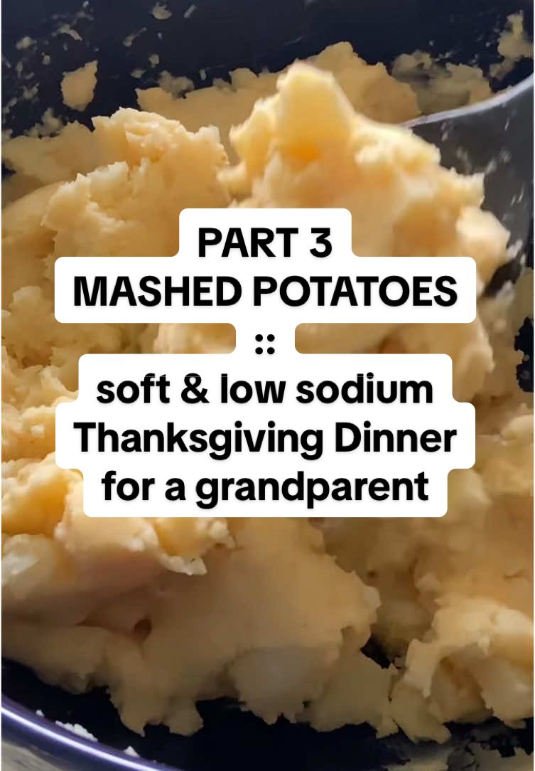 PART 3: low sodium mashed potatoes for Thanksgiving for a senior (soft & low spdium) my partner is 84-year-old mom needs soft and low sodium food. So I know that a lot of the dishes that are being brought to our potluck Thanksgiving will not work for her.  I want her to have a full Thanksgiving meal that works for her dietary restrictions, so I’m making her her own version. That way she has a nice base meal and then if she wants to add some of the food that other people brought that works for her that works too!  This is how I make a low sodium mashed potatoes for an aging parent 4 medium potatoes 2 tbsp butter 2 tbsp heavy cream ¼ cup broth ¼ tsp garlic powder ¼ tsp onion powder ¼ tsp smoked paprika ½  tsp no salt Herb OX chicken seasoning ***for more flavor infuse the broth and cream with fresh Rosemary and/or thyme. Simmer on low for about 10 minutes. Add a little more broth if needed #caregiver #elderly #thanksgiving #lowsodium 