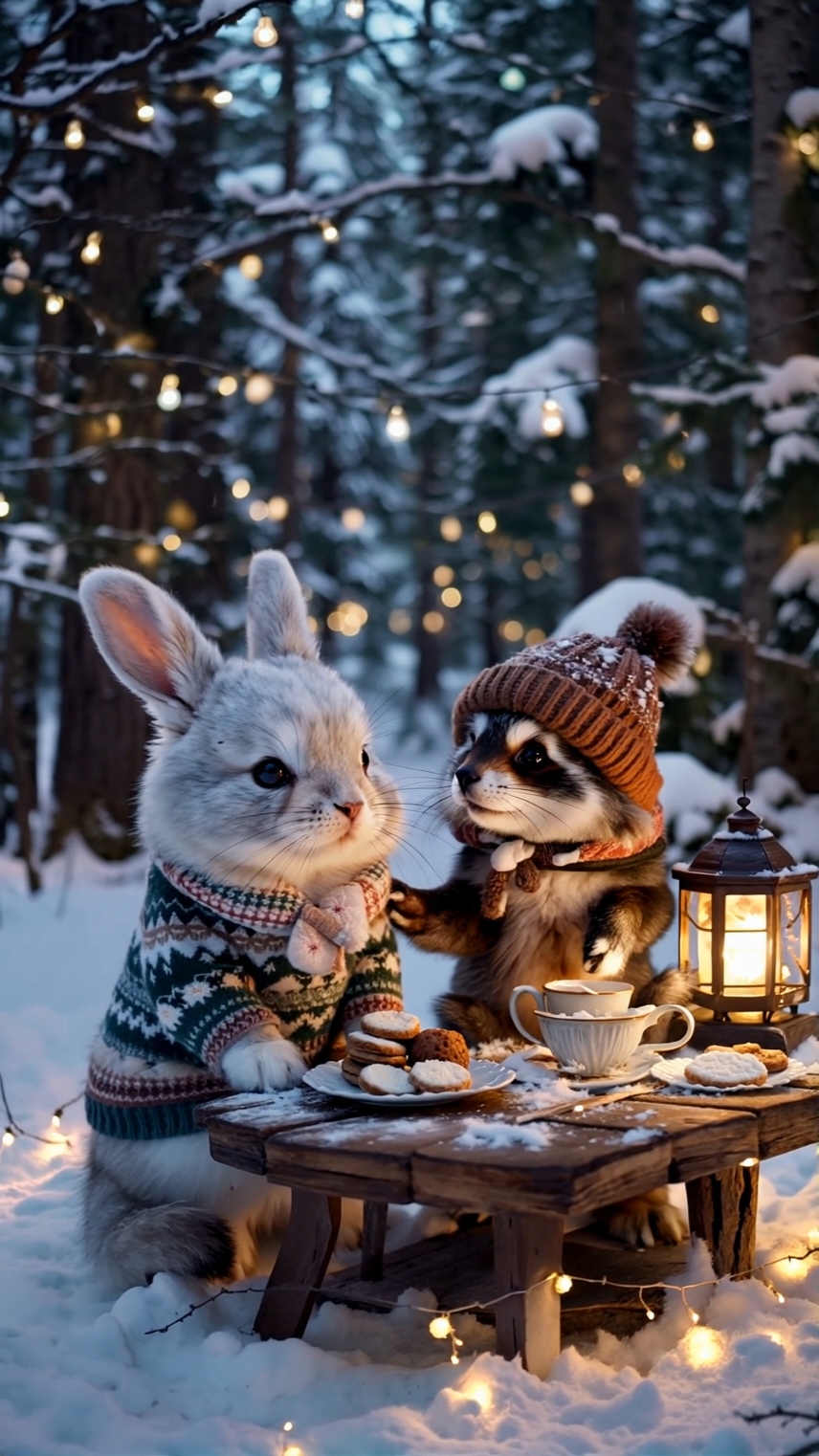 A bunny, a raccoon, and a sprinkle of holiday magic! ❄️🦝🐰 #AIArt #CozyVibes #WinterMagic #animalsofinstagram #holidayaesthetic  #cozycore 