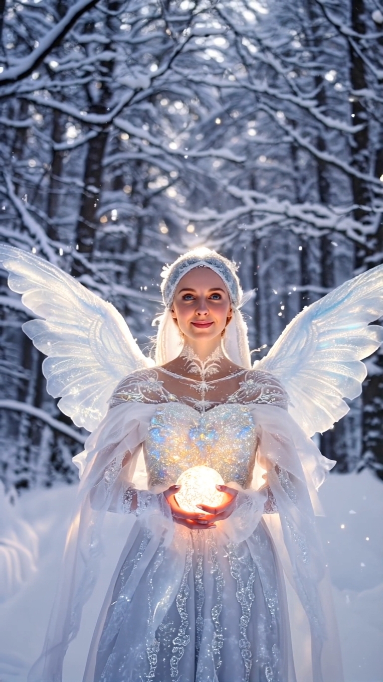 An angel holds the light of hope, illuminating the snowy forest with a serene and magical glow #angel #lightofhope #WinterMagic #etherealbeauty #snowyforest #magicalmoments #divinelight #holidayvibes #fyp #foryoupage