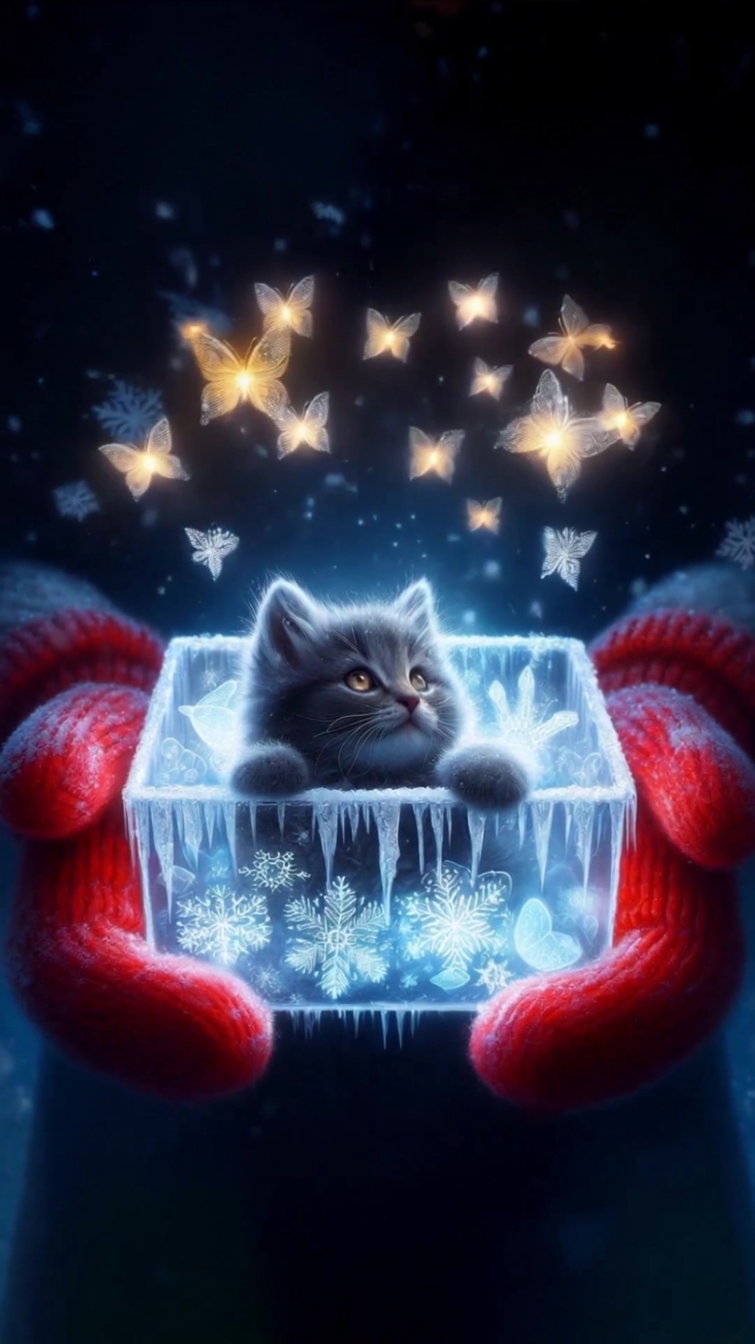 Celestial Winter Tale Bright red mittens hold a crystalline glass box adorned with delicate frosty patterns. A playful kitten presses its paw against the edge as luminous snowflake butterflies emerge, gracefully ascending and transforming into sparkling stars amidst a deep winter night. #AIWallpapers #LiveWallpaper #livewallpaper4k  #StarryTransformation #FrozenElegance #KittenInDreams