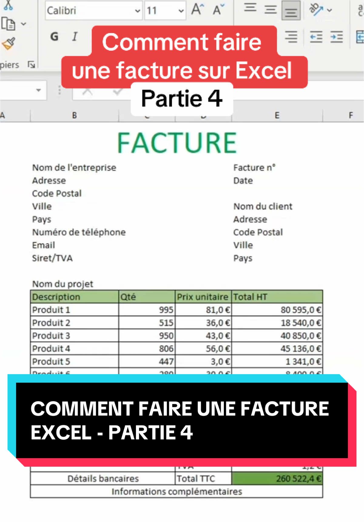 Conseil, tuto et astuce sur Excel !  Comment creer une facture PRO pour debutant en 1 minute chrono sur Excel 🧾💻 (Pas besoin d’être expert, je t’explique tout 👇)” - PARTIE 5 👉 Étape par étape, simple et rapide. 🎯 Bonus : astuces pour automatiser tes calculs. #ExcelTips #FactureExcel #TutorielExcel #AstuceBureau #Productivité #DébutantsExcel #FormationGratuite #TableurFacile #ApprendsAvecMoi #excelpourtous 