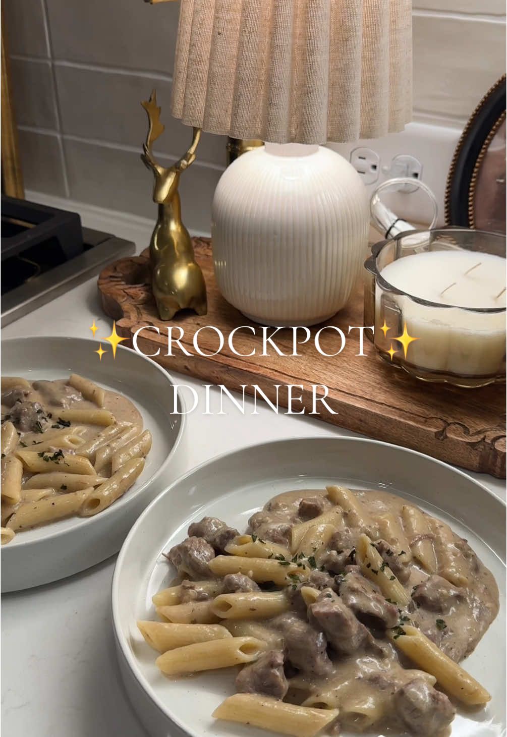 Crockpot creamy beef pasta🍂✨ 1lb chopped stew meat  Salt, pepper, onion powder  4 cloves garlic  Basil  Cream of mushroom  1 cup beef broth  1 cup heavy cream  Cook on low for 6-8 hours or high for 3-4  30 minutes before done, prepare pasta  Add in a cup grated Parmesan  Add in cooked noodles  #crockpotmeals #crockpot #easydinner #dinnerrecipes #crockpotrecipes 