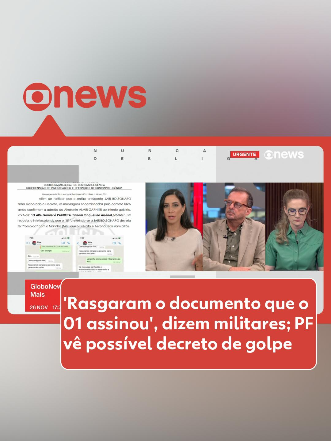 Possível decreto de golpe - Mensagens obtidas pela Polícia Federal indicam que um possível decreto golpista assinado por Jair Bolsonaro teria sido destruído por integrantes do Alto Comando do Exército.  Durante uma troca de mensagens entre Mauro Cid e Sérgio Cavalieri, prints de conversas com um interlocutor chamado “Riva” trazem detalhes de uma reunião entre Bolsonaro, seu vice-presidente Hamilton Mourão, e generais do Alto Comando.  Segundo Riva, Mourão teria negociado a saída de Bolsonaro em referência a uma tentativa de golpe no Peru. De acordo com Riva, durante essas negociações, os generais decidiram destruir o documento assinado por Bolsonaro, que, segundo ele, poderia ser o decreto golpista. 