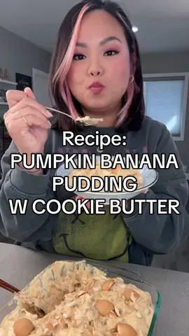 I stood in line to try this at Magnolia bakery only to find out they sold out when I got to the front of the line and I was so sad. I came home and was determined to make it myself. So here we are!  Recipe: Pumpkin Banana Pudding with Cookie Butter  Condensed milk pudding- - [ ] 1 1/2 cup sweetened condensed milk  - [ ] 1 1/2 cup cold water  - [ ] 1 box instant vanilla Jell-O powder (3.4 oz) Pumpkin-  - [ ] 1 cup canned pumpkin purée  - [ ] 1/4 tsp cinnamon - [ ] 1/8 tsp of nutmeg  - [ ] 3 cups heavy whipping cream  - [ ] 11oz box Nilla wafers  - [ ] 4 bananas, sliced, firm and perfectly yellow - [ ] 1 1/2 cup cookie butter * Optional: mini mills wafers for garnish  1. In a large bowl, mix together condensed milk, vanilla gelatin powder, and cold water using a hand mixer for 2 minutes. Cover with plastic wrap and refrigerate for 4 hours until set or overnight. 2. In a pan on medium-low heat, mix together pumpkin purée, cinnamon and nutmeg. Cook for 2-3  minutes to draw out extra moisture. Spread thinly on a parchment paper lined baking sheet and refrigerate until completely cooled. About 30 mins.  3. In a large bowl, whip COLD heavy whipping cream until stiff peaks form. Set aside.  4. Gently fold all of the cooled pumpkin purée into the set pudding until combined. 5. Fold half of the whipped cream into the pudding and pumpkin mixture. Then fold the other half of the whipped cream. It’s ok for the whipped cream to be streaky here.  6. In another large bowl, add sliced banana and nilla wafers. Mix half of the whipped mixture until everything is evenly coated.  7. Dollop cookie butter and gently swirl into the mixture. You want it to be chunky still. Mix the other half of the whipped mixture just a few more times just to incorporate.  8. Transfer to your preferred container or cups, garnish with more nilla wafers and make sure to seal it tightly with plastic wrap or lid. Refrigerate overnight for best results or for at least 6 hours. Serve cold and enjoy! #bananapudding #banana #bananapuddingrecipe #dessert #easydessert #pumpkinseason #thanksgivingrecipes #holidaydessert #