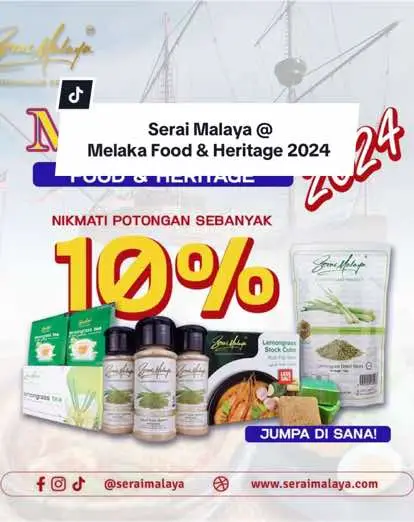 Buat semua yang free and tak tahu nak kemana untuk luangkan masa dengan keluarga, meh serbu booth Serai Malaya di 𝐌𝐞𝐥𝐚𝐤𝐚 𝐅𝐨𝐨𝐝 & 𝐇𝐞𝐫𝐢𝐭𝐚𝐠𝐞 𝟐𝟎𝟐𝟒 ! Nikmati 𝐃𝐈𝐒𝐊𝐀𝐔𝐍 𝟏𝟎% untuk semua produk premium Serai Malaya seperti Kiub Serai, Teh Serai, Serai Racik dan Serbuk Serai 🌿! Rasai kehebatan Produk Serai Malaya yang menyempurnakan masakan anda, jangan lepaskan peluang ini!   📅 𝐓𝐚𝐫𝐢𝐤𝐡: 27 - 29 November 2024   ⏰ 𝐌𝐚𝐬𝐚: 10 pagi - 10 malam   📍 𝐋𝐨𝐤𝐚𝐬𝐢: Medan MARA, Kuala Lumpur Jumpa kami di sana dan bawakan pulang keajaiban rasa produk kami 🇲🇾✨!   #SeraiMalaya #MelakaFoodAndHeritage2024 #RasaSeraiAsli #PromosiGempak