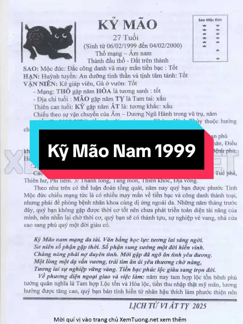 Kỹ Mão Nam 1999 năm 2025 #kymao1999 #tuvisomenh #tuvi12congiap #tuvi 