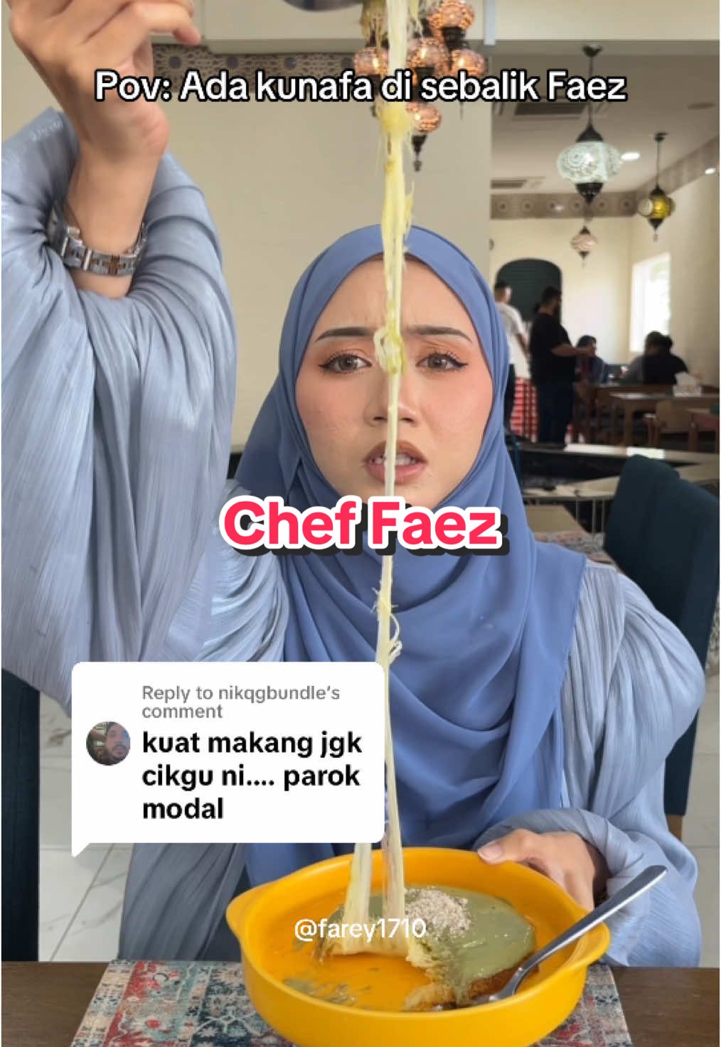 Replying to @nikqgbundle takpe bakal suami saya okay je saya kuat makan 🤪 Tengok laa melayan je nak makan kunafa dekat @CHEF FAEZ. Eh betul ke kunafa je? 🤣 #cikgufarey 