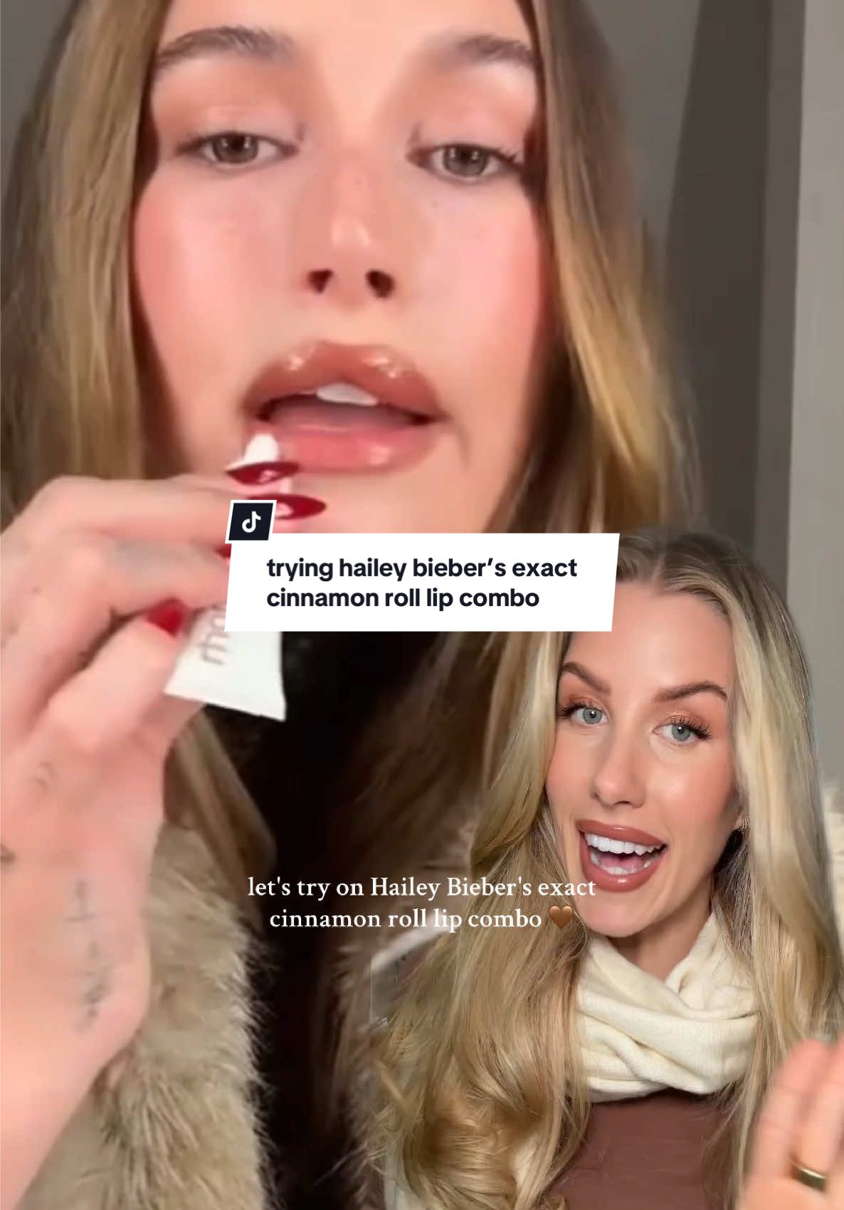 trying the exact combo hailey wore on her bday 🤎 it’s brown-y, glazed perfection ✨ #rhodeskin #haileybieber #haileybiebermakeup #rhodeliptreatment #peptideliptreatment #cinnamonroll #lattemakeup 