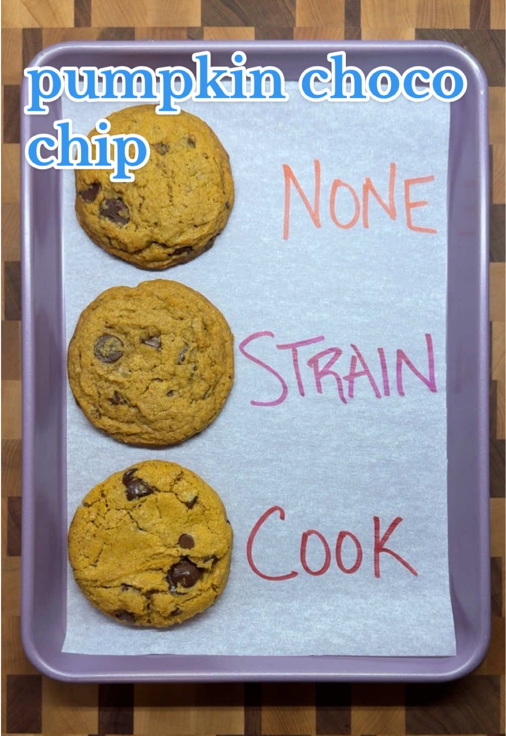 Managing moisture in pumpkin puree Pumpkin Chocolate Chip Cookies (yield: 22-26 cookies) 12 oz (340g) unsalted butter, melted and cooled 1 cup (200g) granulated sugar 1 cup (200g) light brown sugar 1 tbsp toasted milk powder 1 cup (244g) pumpkin puree* 1 teaspoon vanilla extract 3 cups (420g) AP flour 1 teaspoon baking soda ½ teaspoon baking powder ½ teaspoon table salt 2 teaspoons cinnamon 12 oz (340g) chocolate chips 1. Preheat the oven to 350F (180C) and line sheet pans with parchment paper. 2. Mix the butter, sugar, brown sugar, and milk powder together until thoroughly combined. 3. Add the pumpkin puree and vanilla extract. 4. Mix in the dry ingredients until there are no visible streaks of dry flour. Finish with the chocolate chips. 5. Divide the dough into cookies, each about the size of 3 tablespoons or weighing 60g. For the quickest and easiest portioning, use a #20 size scoop. 6. Arrange 8-10 cookies on each half sheet pan. 7. Bake for 13 to 15 minutes or until the edge just begins to offer some resistance when pressed. 8. Remove from the oven and let cool on the pan for 5 to 10 minutes before moving to a baking rack to cool completely. *Depending on the kind of cookie you are after, either use the pumpkin puree as is, strain 1 c (244g) of pumpkin through a sieve overnight (you should end with roughly ¾ of the original weight), or cook 1 c (244g) of puree over low heat (you should end with roughly ½ - ⅔ of the original weight). #baking #cookie #LearnOnTikTok 