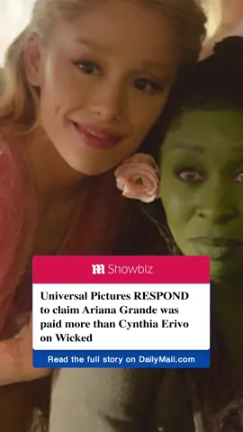Despite rumors of a huge pay gap between the two leading stars of Wicked, Ariana Grande and Cynthia Erivo are said to have been paid equally. Amid viral rumors that Erivo, 37, was paid $1 million while Grande, 31, was given a whopping $15 million, a spokesperson has now denied that claim. 'Reports of pay disparity between Cynthia and Ariana are completely false and based on internet fodder,' a spokesperson for Universal said in a statement via Variety. 'The women received equal pay for their work on ‘Wicked.' However, it is still unclear exactly what salary they were both paid. The initial rumor had shocked fans because Erivo, who plays Elphaba, the Wicked Witch of the West, is more of a lead role while Grande is in a supporting role as Glinda the Good Witch. #wicked #arianagrande #cynthiaerivo #showbiz #universal #news