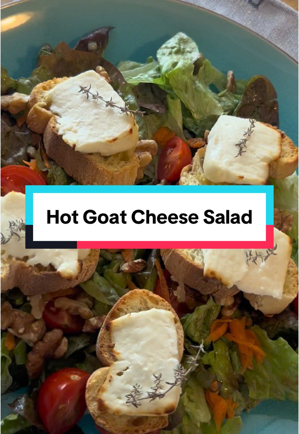 Hot Goat Cheese Salad 🌱 is a classic French salad with melty cheese and a sweet and tangy vinaigrette ❤️ Recipe: -French baguette -olive oil with some dehydrated garlic to lightly brush on each baguette slice, or rub the bread with fresh garlic -goat cheese -thyme -lettuce -toasted walnuts -cherry tomatoes -carrot -2.5 tbsp olive oil -1 tbsp nut vinegar (or apple cider or red wine vinegar work well) -1 tsp honey -t tsp dijon mustard -salt and pepper Toast the croutons for about 10 minutes at 200C/400F. Enjoy! 🤗  #healthyrecipes #frenchrecipe #provence #FoodTok 