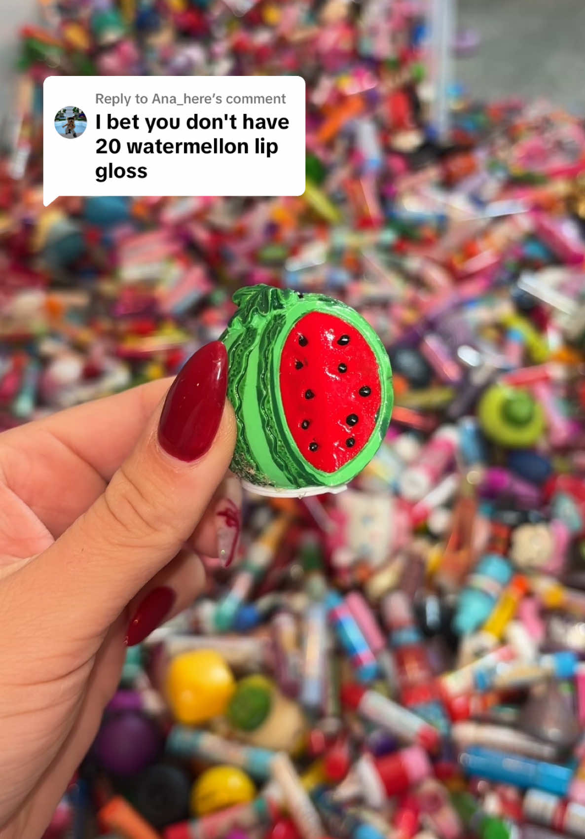 Replying to @Ana_here CHALLENGE LEVEL - EASY! ✅🍉 #fyp #watermelon #lipbalm #lipgloss #collection #satisfying #satisfyingvideo #justforfun #challenge 