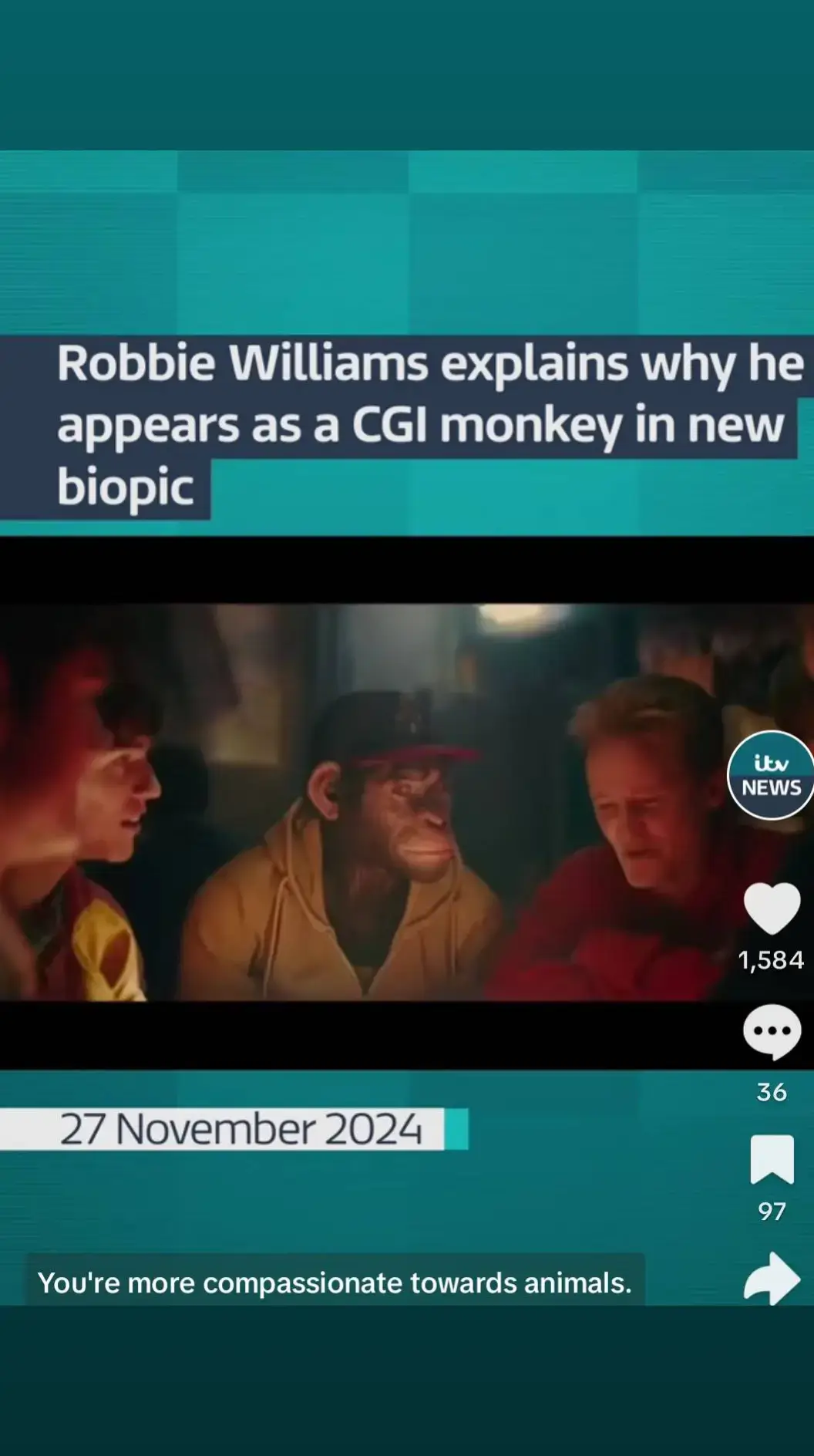 On the Red Carpet, Robbie William appears as himself in 'Better Man' film, but in the form of a CGI monkey #itvnews #betterman #robbiewilliams #cgimonkey