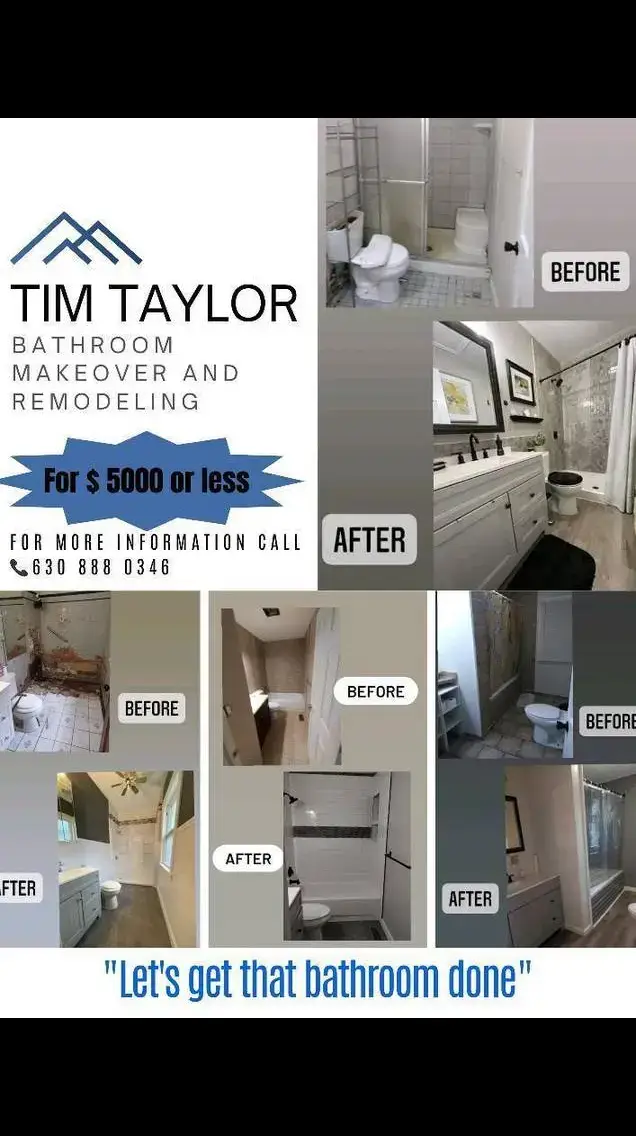 #bathroomrenovations  We can give you a full makeover, stand up shower, sink , cabinets and toilet flooring for only $5,000 or less . We Can accomplish the job within two weeks.  For more information and details kindly contact Tim Taylor 630-888-0346 Web https://www.timtaylorremodeling.com/