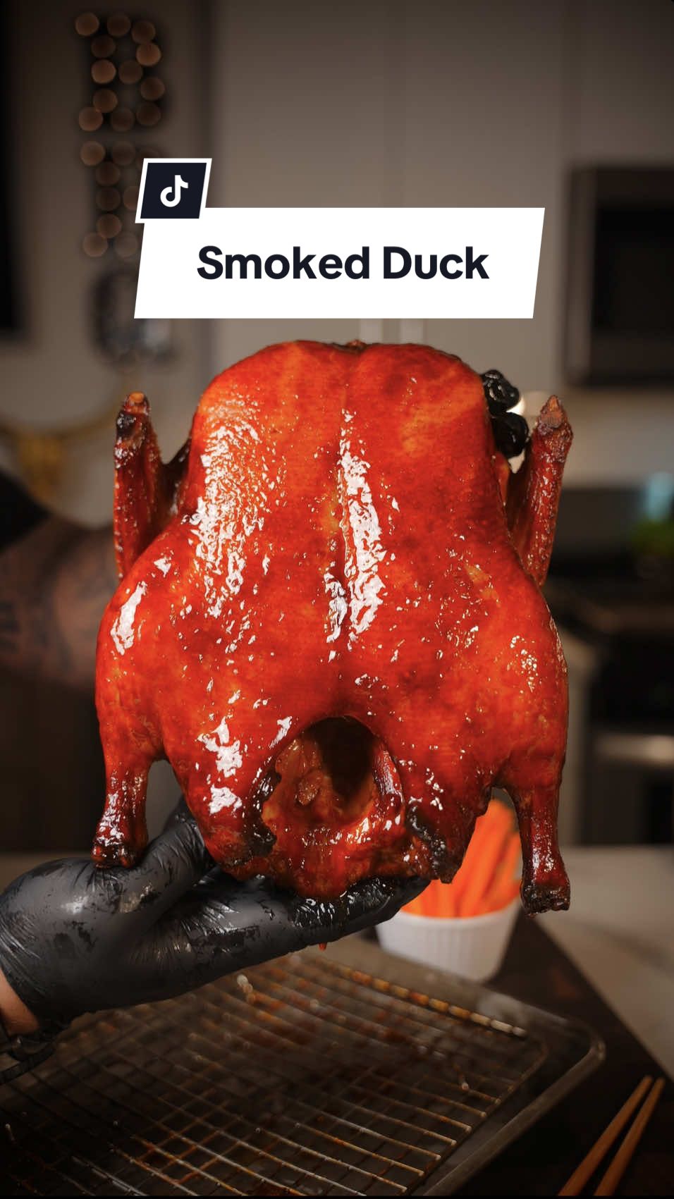 Smoked Duck Recipe 🦆  Recipe Below ⤵️ I am 💯 percent picking DUCK over TURKEY this holiday! Duck has such a rich flavor and more flavorful than boring Turkey. If you are Team Duck this holiday make sure you get a @Maple Leaf Farms Duck that is grain fed, no added growth hormones, all natural, free to roam, and humanely raised! Doesn’t get any better than that! 🦆 Ingredients:  4.5 lb Maple Leaf Farms Duck 1 cup Soy Sauce  1/2 Cup Brown Sugar 1/3 cup Honey 1/3 cup Gochuchang 1 Tbsp Sesame Oil 1 Tbsp Rice Vinegar 2 Oranges Squeezed How to:  1. Pour boiling water over the duck to blanch the skin 2. Dry with paper towels 3. Place on a sheet pan and cover with Asian inspired sauce  4. Then in the refrigerator overnight  5. Next day poke holes with a knife or with a meat tenderizer  6. In the Smoker or Oven at 275 degrees  7. Every 30 minutes brush on the sauce and it will tack up and glaze the duck 8. When duck reaches 145 degrees IT in the thickest part of the breast; she is done!  This 4.5 lb Duck took 2 1/2 hours to smoke to reach 145 degrees internal temperature in the thickest part of the breast.  Smoker 💨 @GMG  #holiday #smoked #duck #Recipe #howto #pecking 