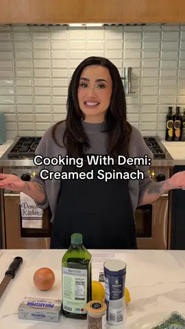 Today on ✨Cooking with Demi✨ we are dishing out sides for the Thanksgiving season 🍁 Creamed Spinach is a great addition to any meal, especially with your Turkey this Thursday 🦃   INGREDIENTS: 2 tablespoons olive oil 1 garlic clove, chopped 1/2 onion, finely chopped 1/4 teaspoon red pepper flakes, optional Kosher Salt 10-ounce frozen chopped spinach, thawed 4 ounces (1/2 brick) cream cheese, cut in cubes 2 tablespoons water Zest of half a lemon