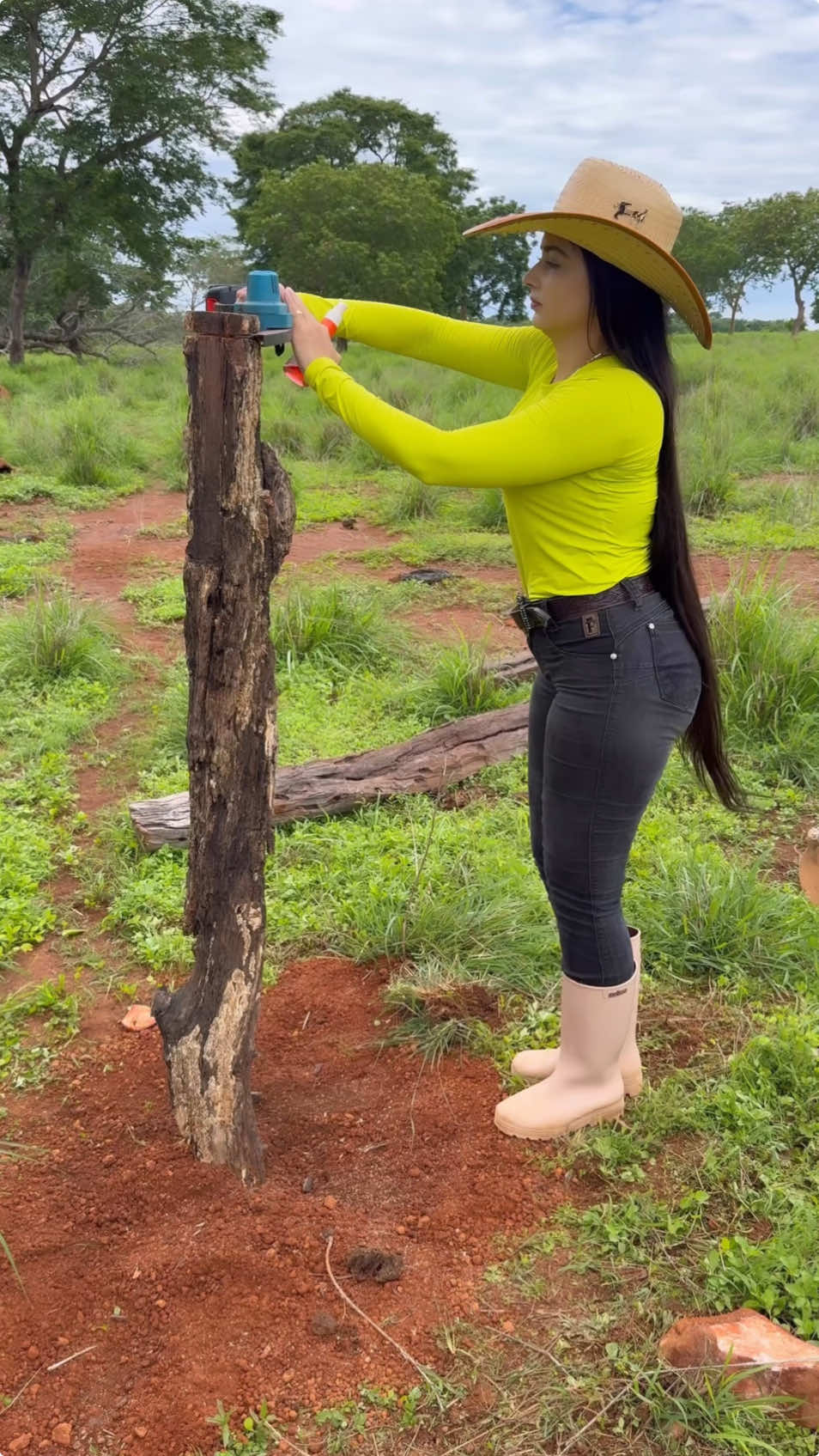 Testei o óleo de mirra na corrente da motosserra🤠 . #roça #rocaafazenda #mato #cerca #motor #vidanaroca #yellow #galocha #chapeu #mulher #cabeloslongos #cabelodossonhos #cabelao #cabelogrande #lugarlindo #simplicidade #terra #terraboa #oleo #oleodemirra #corrente #diferenciada #cowgirl 