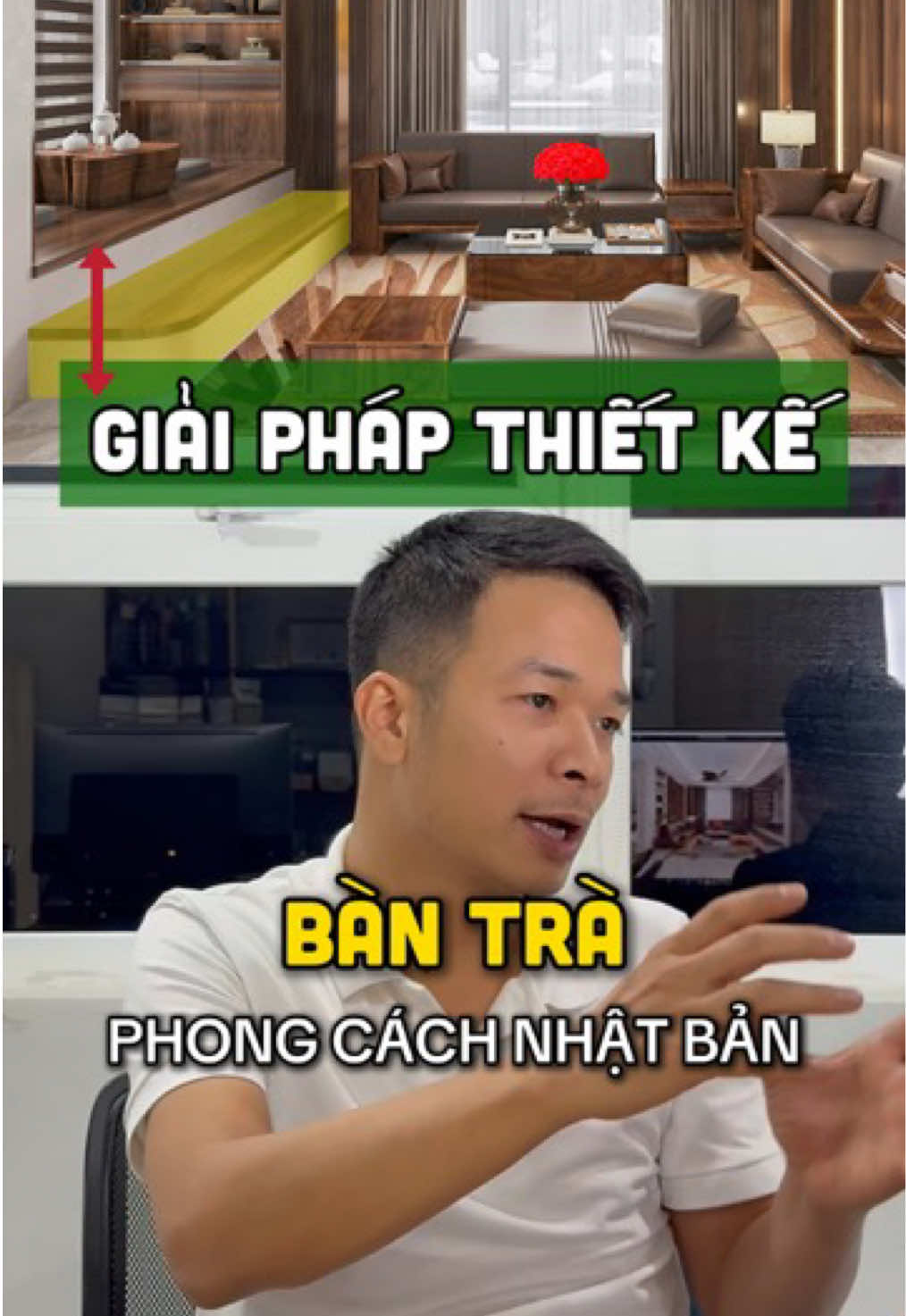 Giải pháp thiết kế khắc phục hiện trạng dự án Biệt thự Thanh Hà Cenco5 với khu vực bàn trà mang phong cách Nhật Bản.  [Làm sao để hài hoà khi đặt 2 bộ bàn ghế trong cùng một không gian phòng khách?] #adhome #kts_ngotatquyen #thietkethicongtrongoi #interiordesign #noithatgooccho #gooccho #thietkebietthu #kdtthanhha #thanhhacienco5 #bantra 