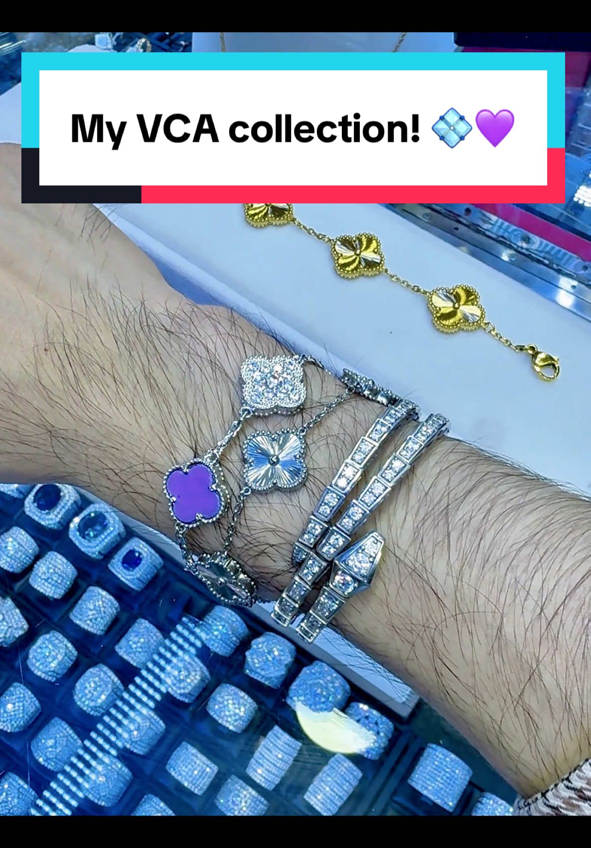 My VCA collection! ចា៎ Stacking bracelets is so fun! Custom-made jewelry inspired by Fine Jewelry Brands 🌈💜💎💍💠🔷✨ #jewelry #fashion #Iconic #vca #acccessories #davinsapphire #lgbt #diamond #bracelet #bvlgari #fyp #foryou