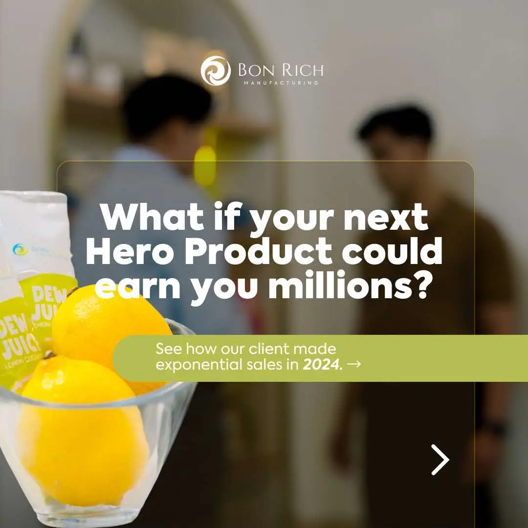 Mr. Ryan, one of our clients, is a prime example of how strategic product diversification leads to big growth. By partnering with us to manufacture their Hero Products, they scaled their wellness business and increased revenue by millions. Now it’s your turn – let’s discuss how we can turn your Hero Product into a success story. Connect with us to learn more! We are Bon Rich Manufacturing, where Hero Products are crafted. ✨ 👉 Contact Number: (+63) tel:9602895888 | (02) 8829 3630 👉 Email Address: mailto:inquiries@bonrichcorp.com 👉 Website: http://www.bonrichcorp.com