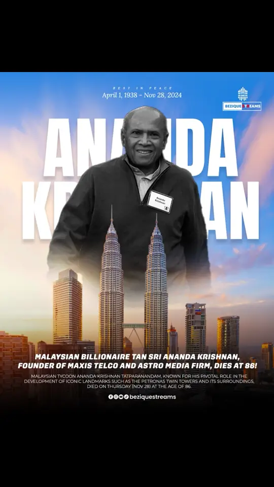 With heavy hearts, Beziquestreams pays tribute to the remarkable life of Tan Sri Ananda Krishnan (April 1, 1938 – November 28, 2024).  A trailblazing visionary and generous philanthropist, his contributions have touched lives far and wide. His enduring legacy of innovation and humanity will continue to inspire us all. Rest in eternal peace, Tan Sri. #restinpeace #anandakrishnan #tansrianandakrishnan #ripanandakrishnan #beziquestreams #malaysianbusinessman #businesstycoon #businessman #malaysia #klcc #astro #maxis 