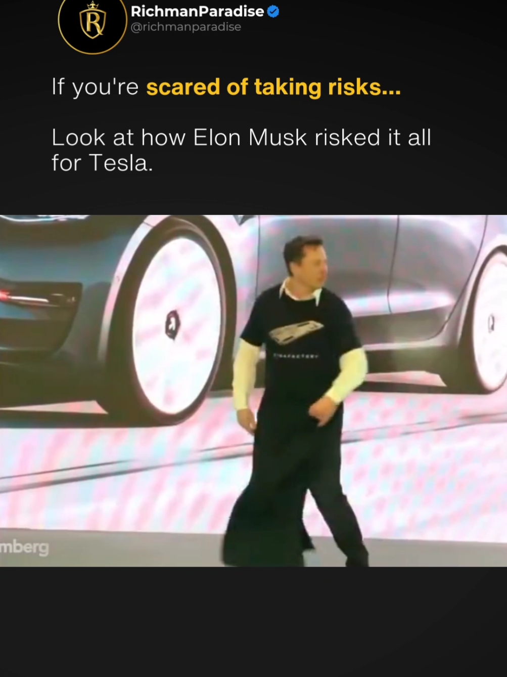 Elon Musk Risked $55 Million on Tesla 🚀 When Elon Musk started Tesla, he put $55 million of his own money on the line. No loans. No safety nets. Just pure risk and belief in his vision. That’s not something you see every day—most people would have gone to the bank or looked for outside investors. But Elon? He bet it all on himself and his dream. And here’s the kicker: Tesla launched in 2008, right in the middle of the Wall Street crash. 💥 The economy was crumbling, companies were going bankrupt left and right, and the future looked bleak. Tesla wasn’t immune either—it was this close to going under shortly after starting. If that had happened, Elon would’ve lost every dollar he poured into it. But here’s where the magic happens: Elon and his team refused to quit. They fought tooth and nail to keep the company alive. Fast forward to today, Tesla is worth over $1 trillion, and Elon Musk has shattered records with a net worth of over $300 billion. Talk about a turnaround! 💎 Now, let’s get real: Would you have the guts to risk $55 million of your own money on a startup with no guarantee of success? Or would you have played it safe? The lesson here? Big risks lead to even bigger rewards—if you’re willing to bet on yourself. 🌟 #Tesla #elonmusk #investment #goals #challenge #entrepeneur Credit: @Tesla