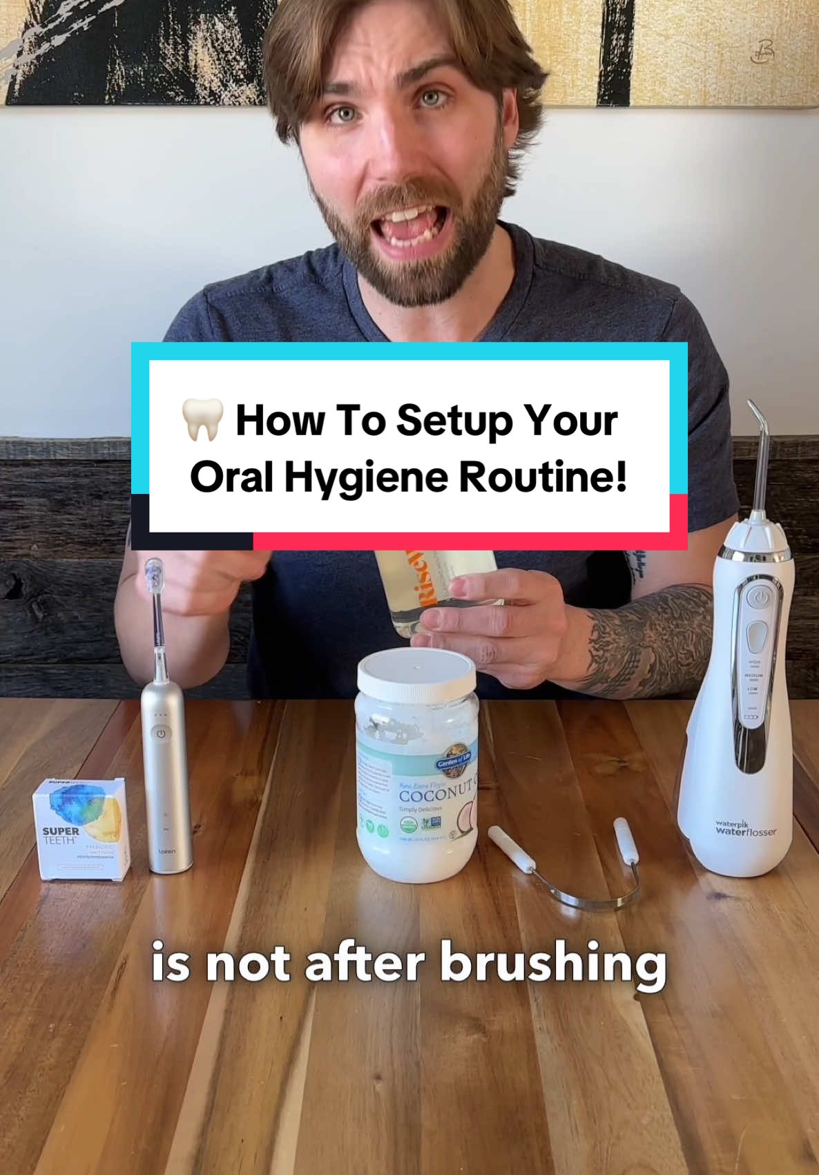 🦷 How To Setup Your Oral Hygiene Routine!    1️⃣ Brushing first thing in the morning and before bed is key. Since you produce less saliva overnight, bad bacteria can grow overnight. You want to clear that out before you eat or drink anything. 2️⃣ Tongue scraping first thing in the AM is the best, for the same reason as brushing. You want to clear that bad bacteria off the tongue from the previous night.   3️⃣ Studies show us that flossing before brushing is prefered if you have the choice. You end up loosening plaque prior to brushing.   4️⃣ If you use a waterpik do it before you brush for the same reason and sometimes you can choose to use it instead of floss.   5️⃣ Some people truly love oil pulling and in my opinion it would work best to do it after tongue scraping, but before you floss or brush, so you can thoroughly rinse.   6️⃣ I’m not a huge mouthwash fan, but if you do use it I would recommend using it prior to brushing also, because you want the toothpaste to sit on your teeth after you brush. This would be true for most toothpaste options. If you use mouthwash you end up washing this away.   #oralhealth #oralhygiene #oralcare