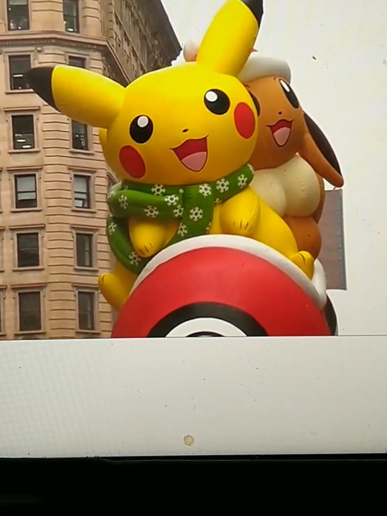 Pikachu and Eevee balloon on a rainy 98th thanksgiving day parade #pokemontiktok #98thmacysthanksgivingdaylarade #pikachuandeevee #macysdayparade2024 