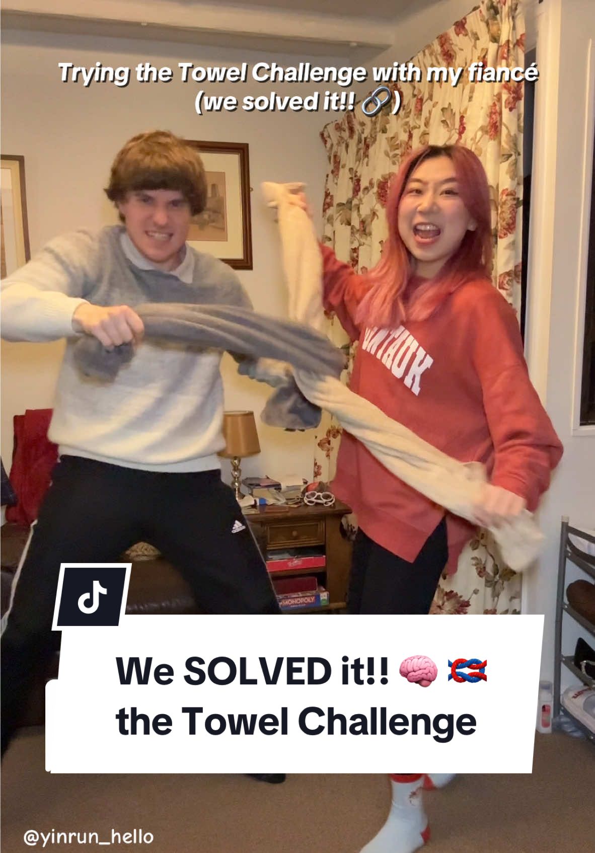 Replying to @౨ৎ yarasskindiary ౨ৎ We SOLVED it, I can't believe it!! 🪢 🤩 #towelchallenge #couplechallenge #trending #challenge #coupletok #Love #fiance #fyp 