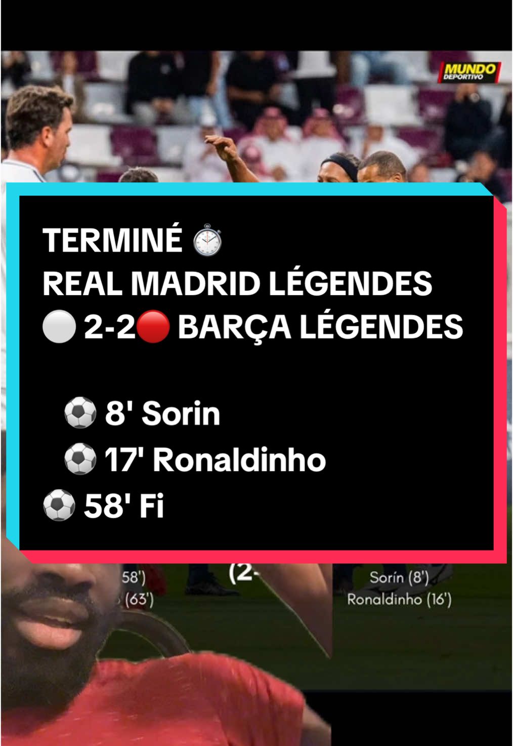 TERMINÉ ⏱️ REAL MADRID LÉGENDES ⚪ 2-2🔴 BARÇA LÉGENDES ⚽ 8' Sorin ⚽ 17' Ronaldinho ⚽️ 58' Figo ⚽ 63' Congo Le Barça s'est imposé au tirs aux buts 🥅 4-2 FIGO IMPECCABLE 💪 Kluivert a eu l'occasion de marquer en fin de match pour Barcelone, mais son penalty a été arrêté. Le rematch des Légendes du Clasico aura lieu à Tokyo le 15 DÉCEMBRE. Xavi et Iniesta devraient rejoindre l'équipe de Barcelone. #FootballAutopsie