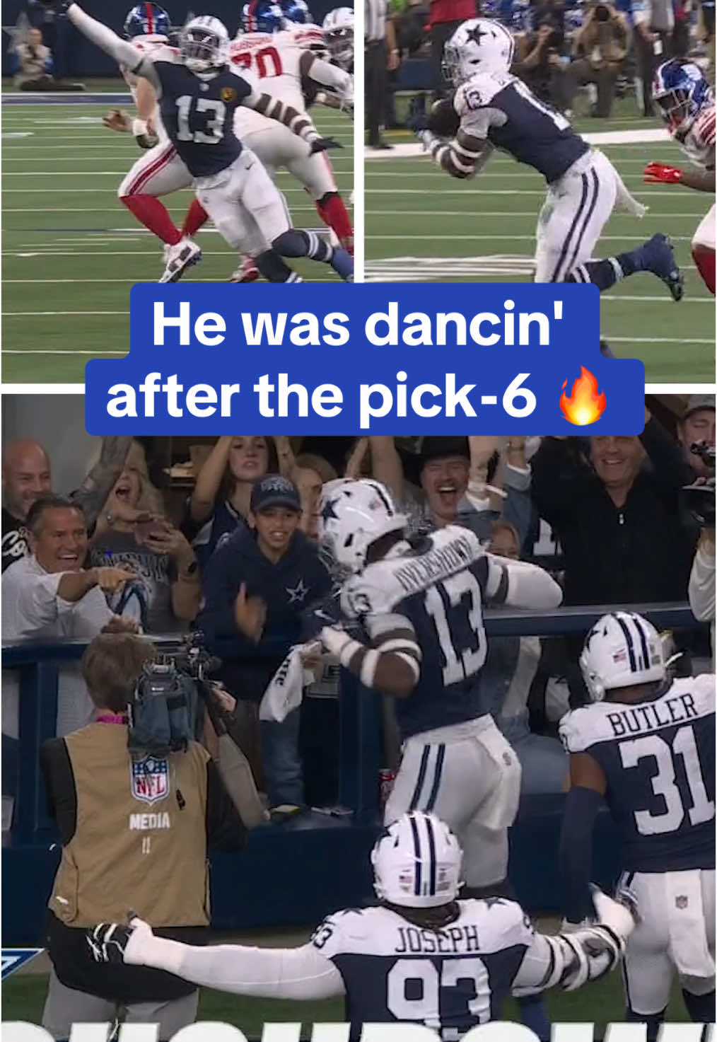 DeMarvion Overshown hit the block, tipped the pass; and took it to the HOUSE 😤(📺: CBS) #dallascowboys #nfl #football #celebration #dance 