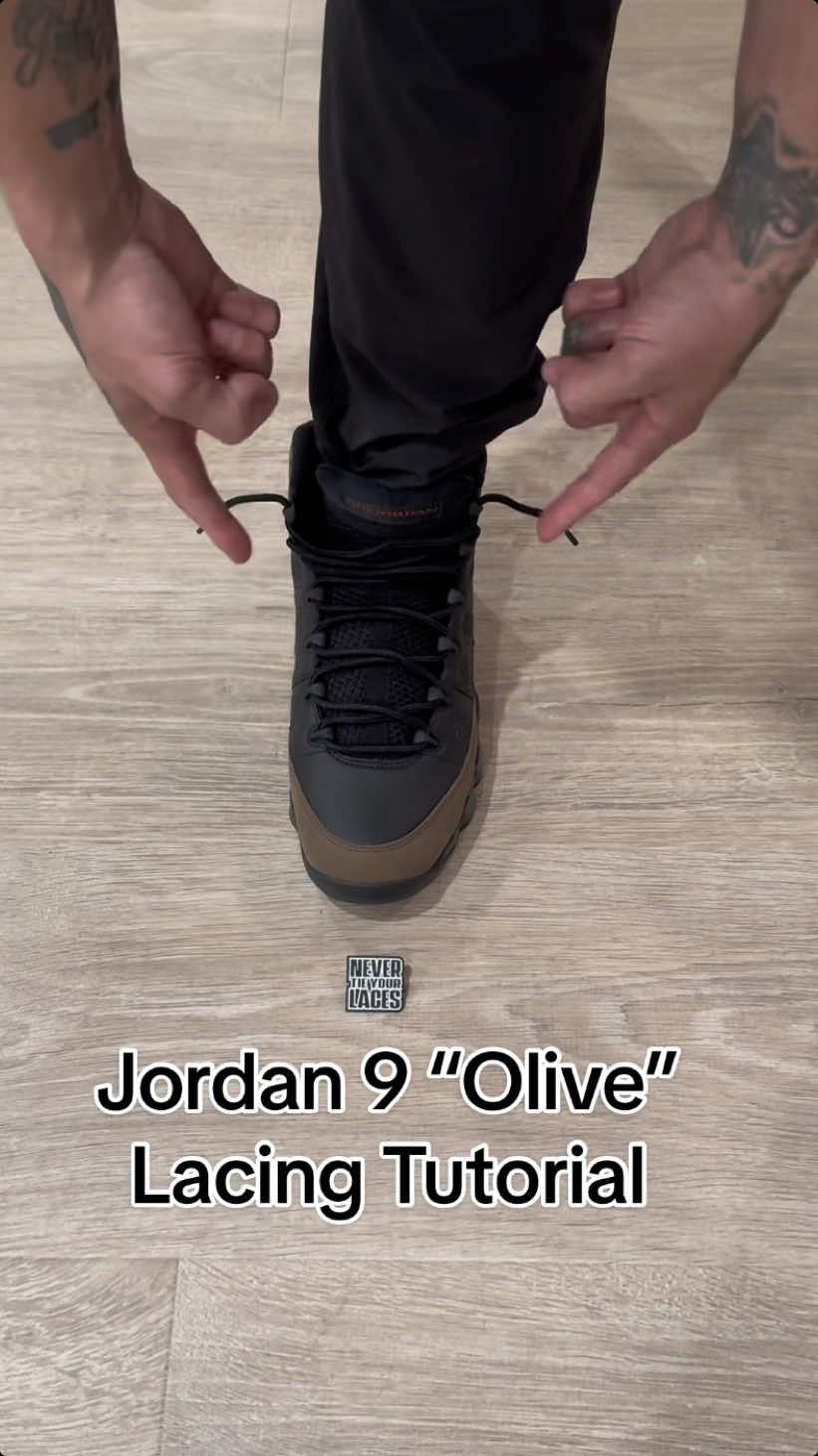 Jordan 9 “Olive” Lacing Tutorial! - The Best Way to loose lace! 🙅🏻‍♂️👟🫒 #NeverTieYourLaces #jordan9 #lacingtutorial #tutorials #sneakers #fypシ #trending #viral #howto #hypebeast #michaeljordan 